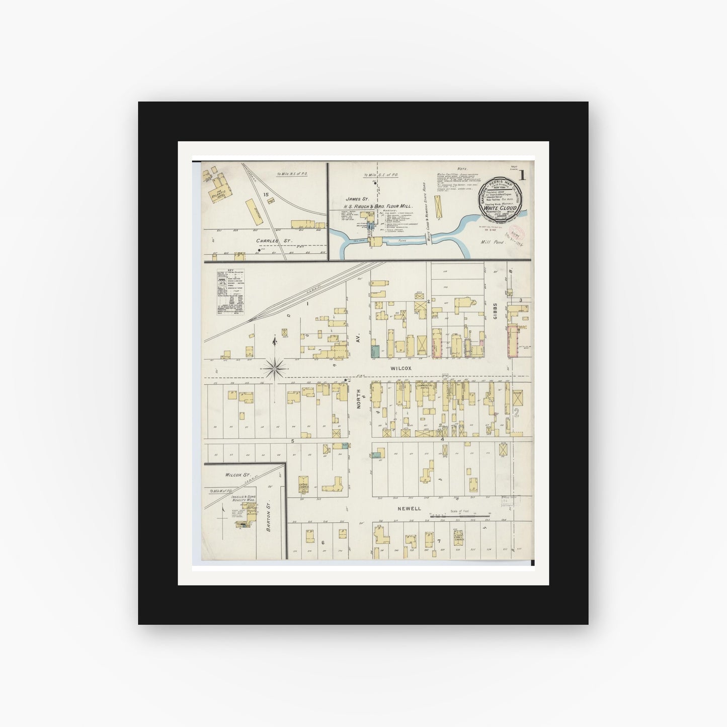 Old map wall art mockup — black gallery frame with white mat — Sanborn Fire Insurance Map from White Cloud, Newaygo County, Michigan (1894), Sheet #0001