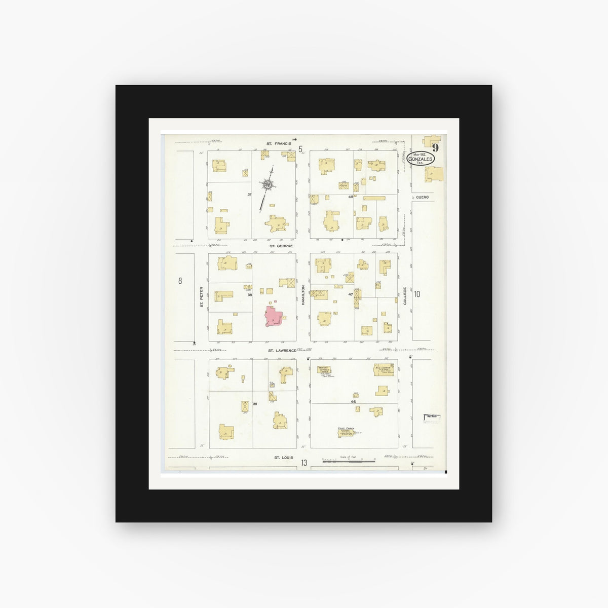 Old map wall art mockup — black gallery frame with white mat — Sanborn Fire Insurance Map from Gonzales, Gonzales County, Texas (1912), Sheet #0009