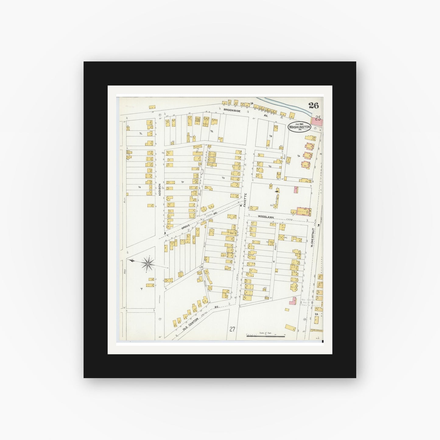 Old map wall art mockup — black gallery frame with white mat — Sanborn Fire Insurance Map from Washington, Washington County, Pennsylvania (1904), Sheet #0026