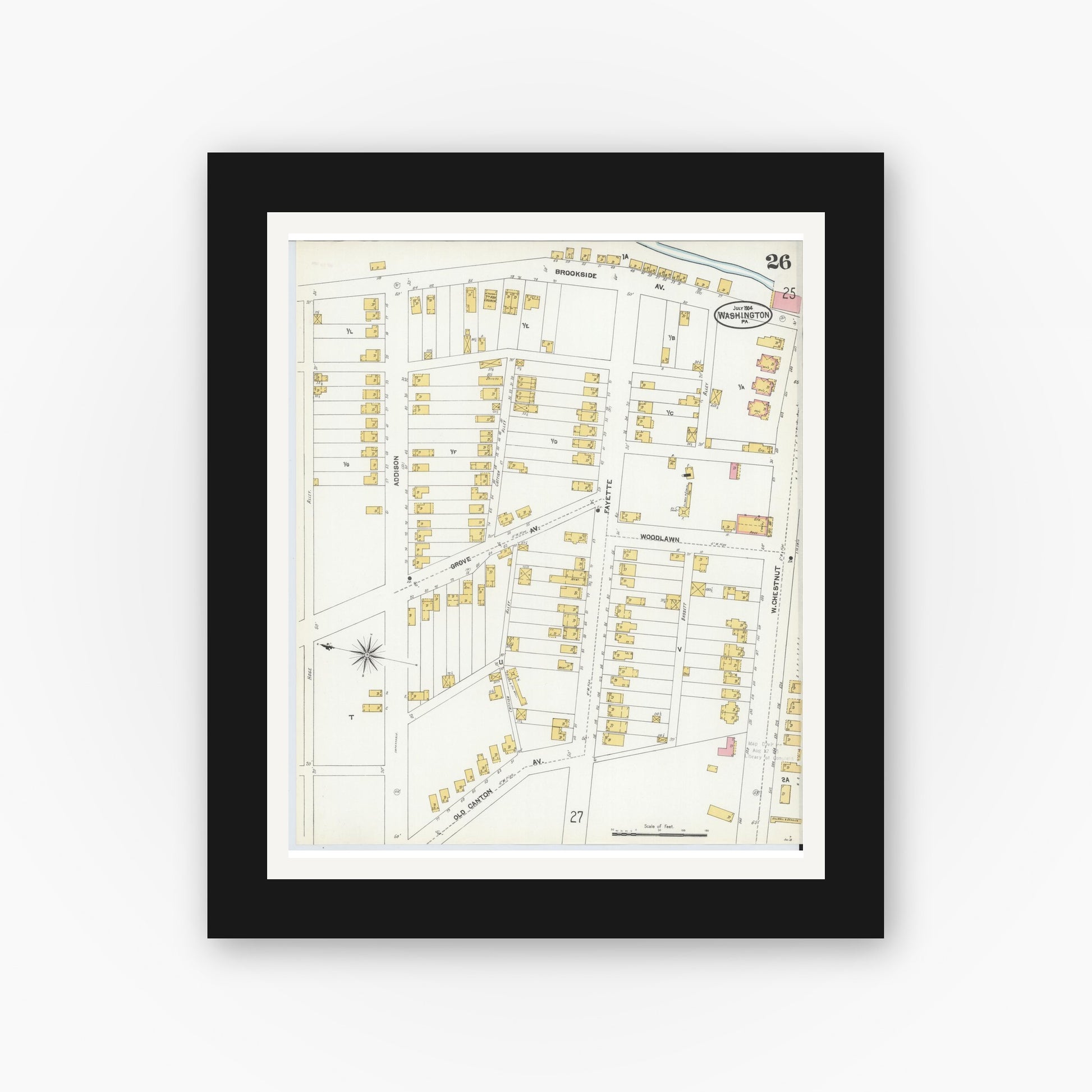 Old map wall art mockup — black gallery frame with white mat — Sanborn Fire Insurance Map from Washington, Washington County, Pennsylvania (1904), Sheet #0026
