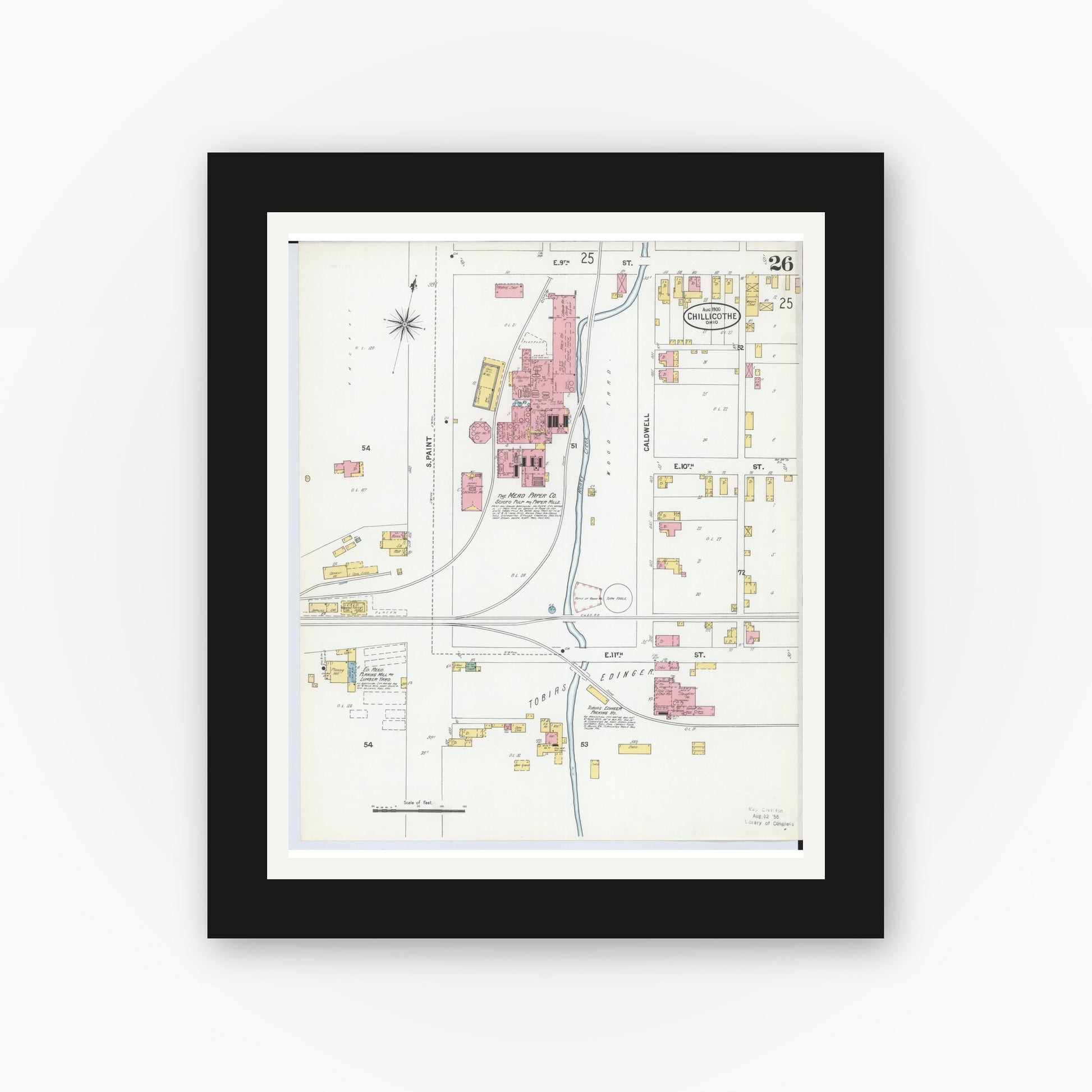 Old map wall art mockup — black gallery frame with white mat — Sanborn Fire Insurance Map from Chillicothe, Ross County, Ohio (1900), Sheet #0026