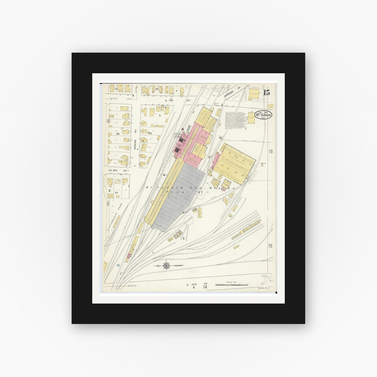 Old map wall art mockup — black gallery frame with white mat — Sanborn Fire Insurance Map from Mount Vernon, Jefferson County, Illinois (1913), Sheet #0015