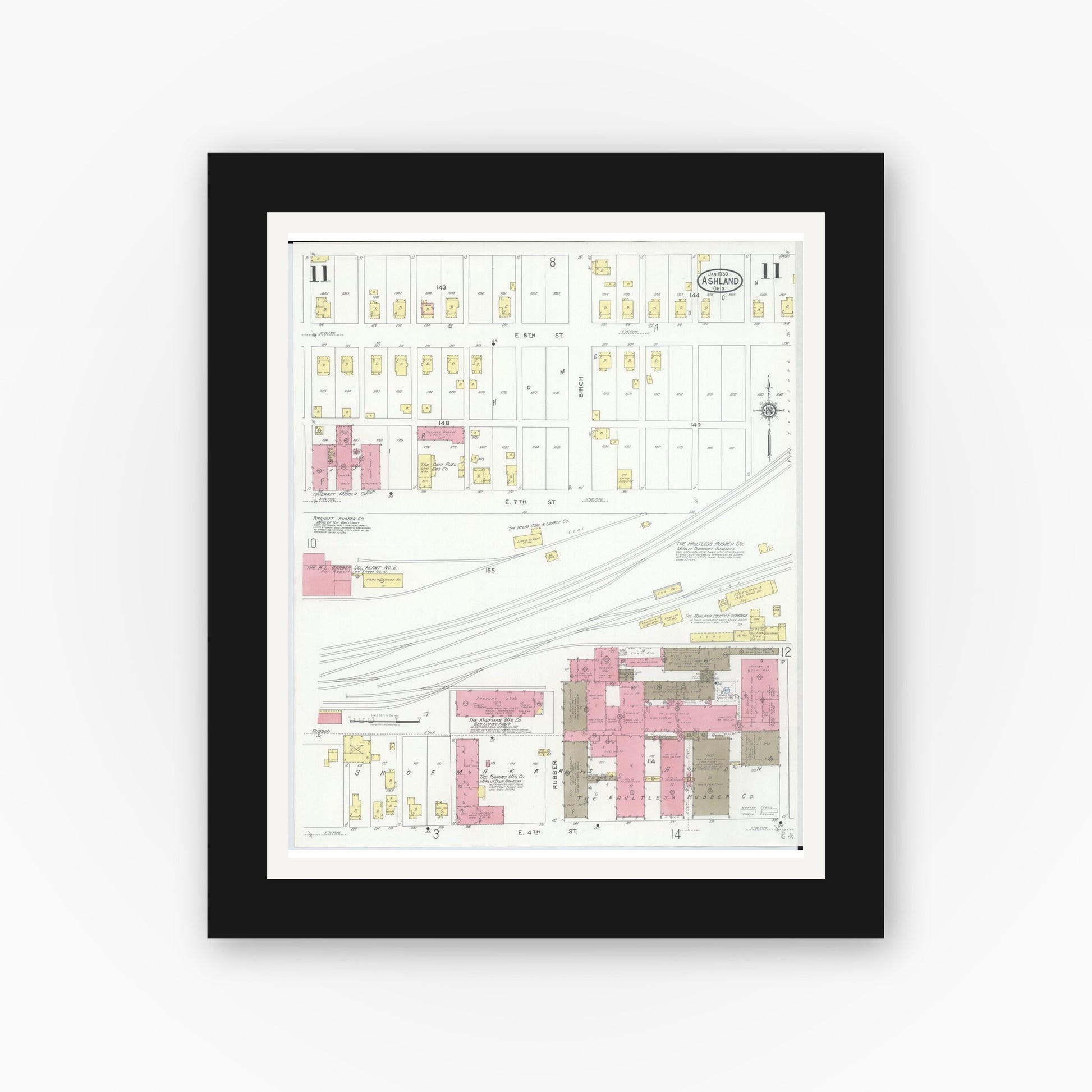 Old map wall art mockup — black gallery frame with white mat — Sanborn Fire Insurance Map from Ashland, Ashland County, Ohio (1930), Sheet #0011