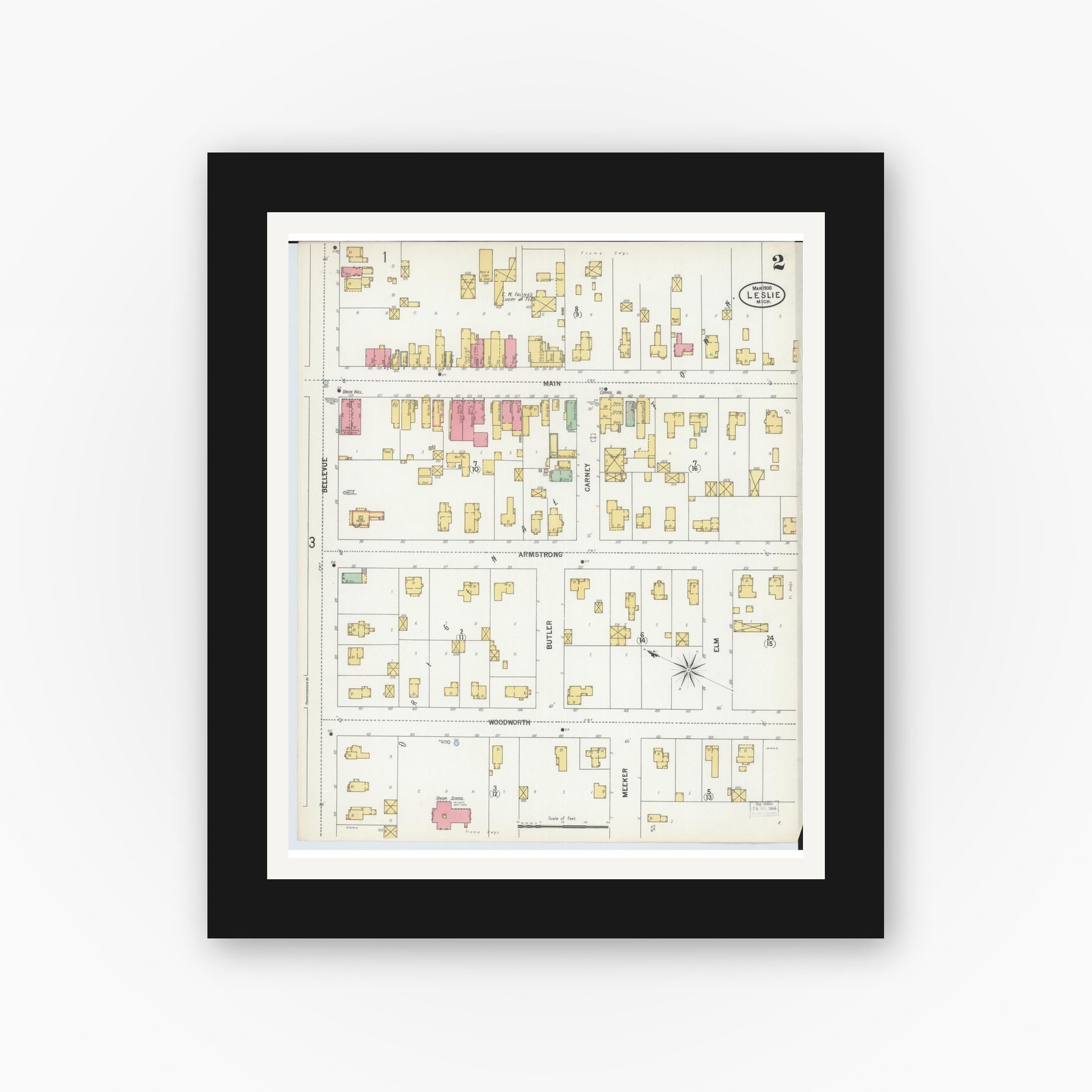 Old map wall art mockup — black gallery frame with white mat — Sanborn Fire Insurance Map from Leslie, Ingham County, Michigan (1900), Sheet #0002