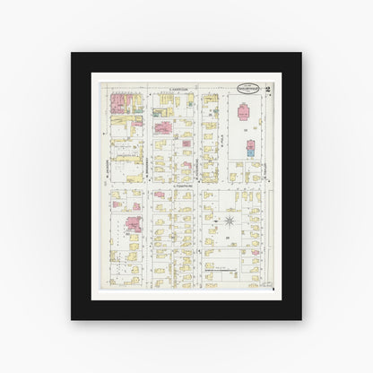 Old map wall art mockup — black gallery frame with white mat — Sanborn Fire Insurance Map from Shelbyville, Shelby County, Indiana (1893), Sheet #0002