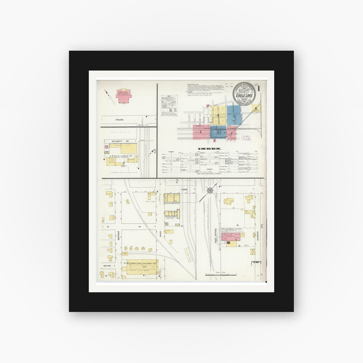 Old map wall art mockup — black gallery frame with white mat — Sanborn Fire Insurance Map from Eagle Lake, Colorado County, Texas (1912) - Complete Map Set