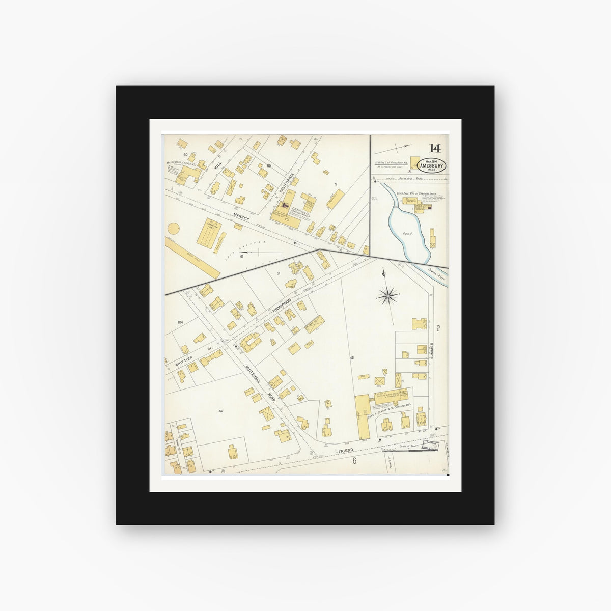 Old map wall art mockup — black gallery frame with white mat — Sanborn Fire Insurance Map from Amesbury, Essex County, Massachusetts (1904), Sheet #0014