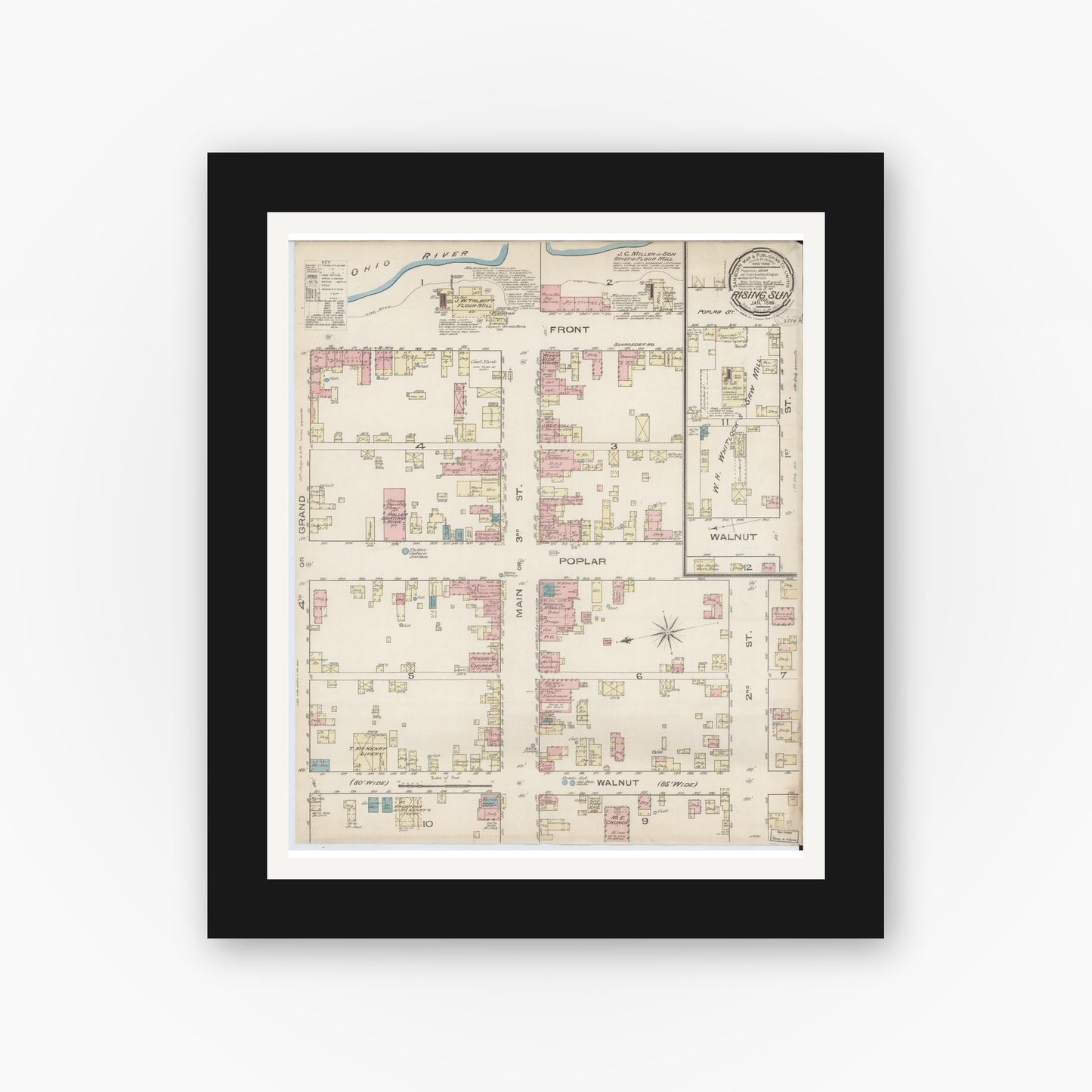 Old map wall art mockup — black gallery frame with white mat — Sanborn Fire Insurance Map from Rising Sun, Ohio County, Indiana (1886), Sheet #0001