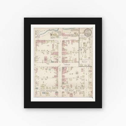Old map wall art mockup — black gallery frame with white mat — Sanborn Fire Insurance Map from Rising Sun, Ohio County, Indiana (1886), Sheet #0001