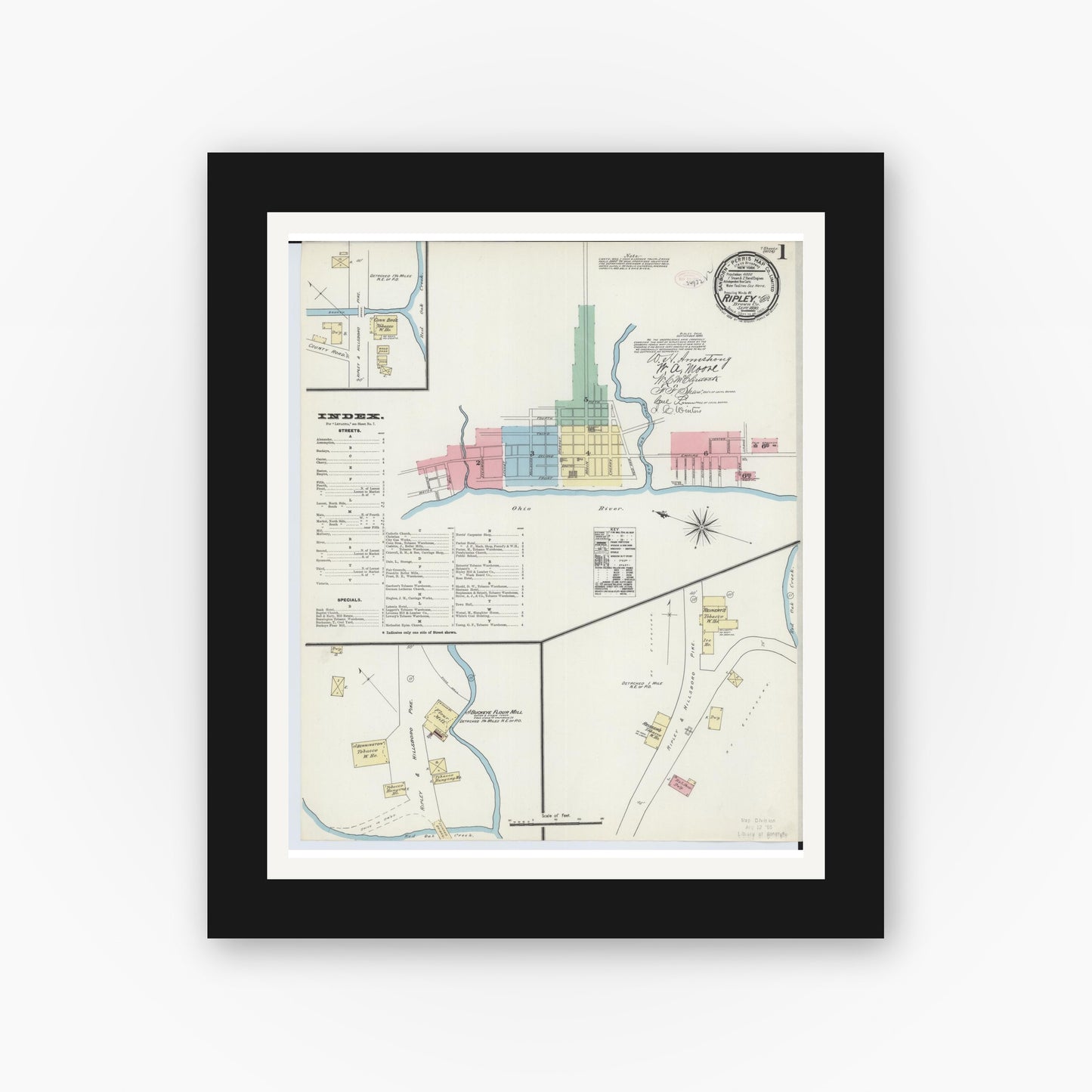 Old map wall art mockup — black gallery frame with white mat — Sanborn Fire Insurance Map from Ripley, Brown County, Ohio (1890), Sheet #0001
