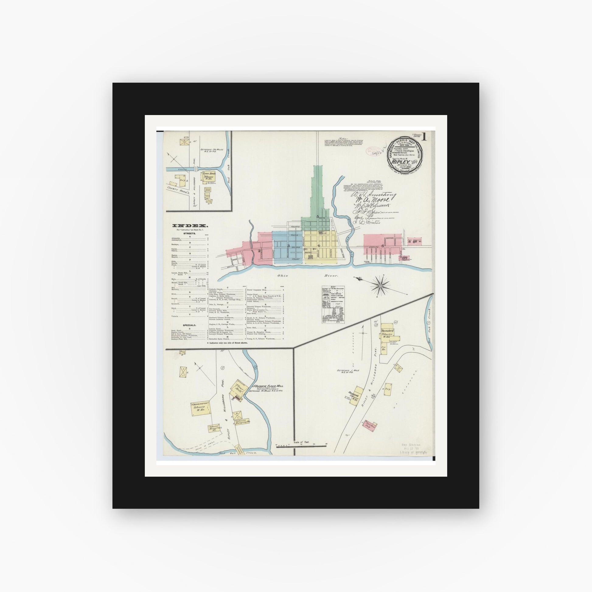 Old map wall art mockup — black gallery frame with white mat — Sanborn Fire Insurance Map from Ripley, Brown County, Ohio (1890), Sheet #0001