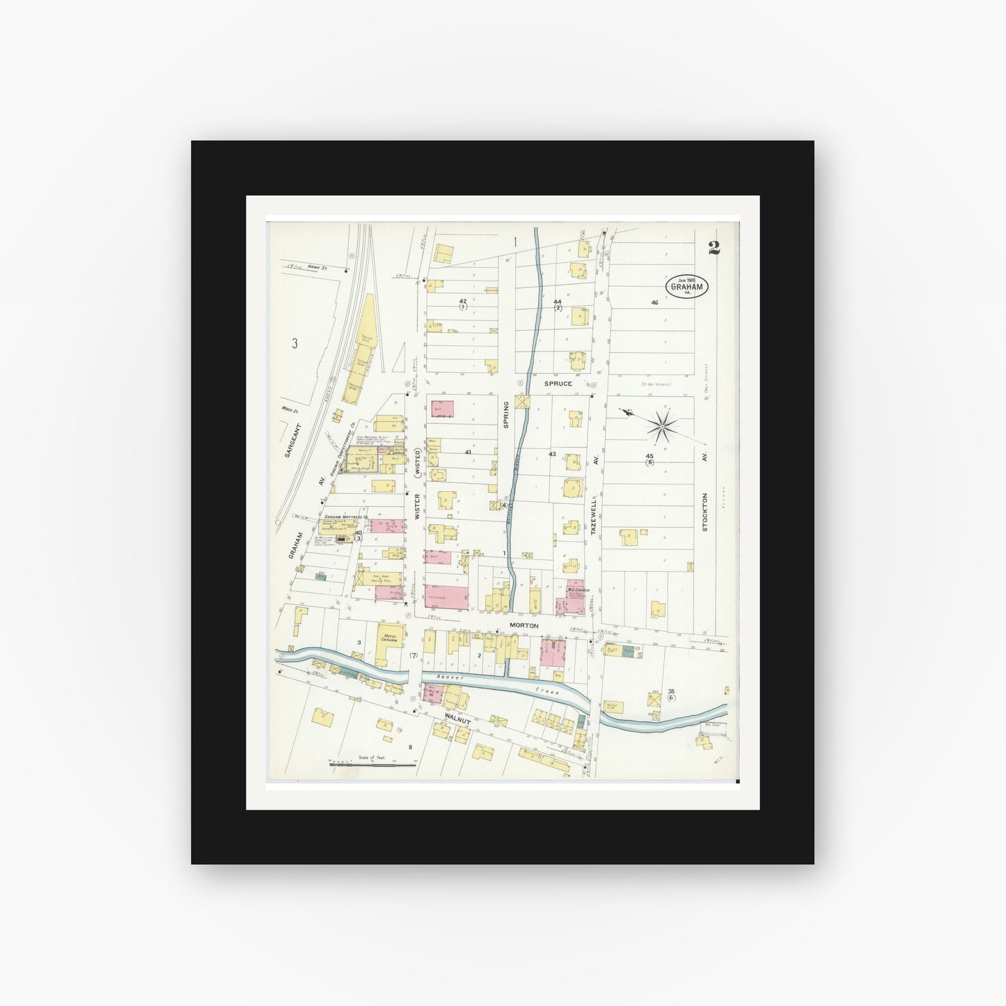 Old map wall art mockup — black gallery frame with white mat — Sanborn Fire Insurance Map from Graham, Tazewell County, Virginia (1908), Sheet #0002