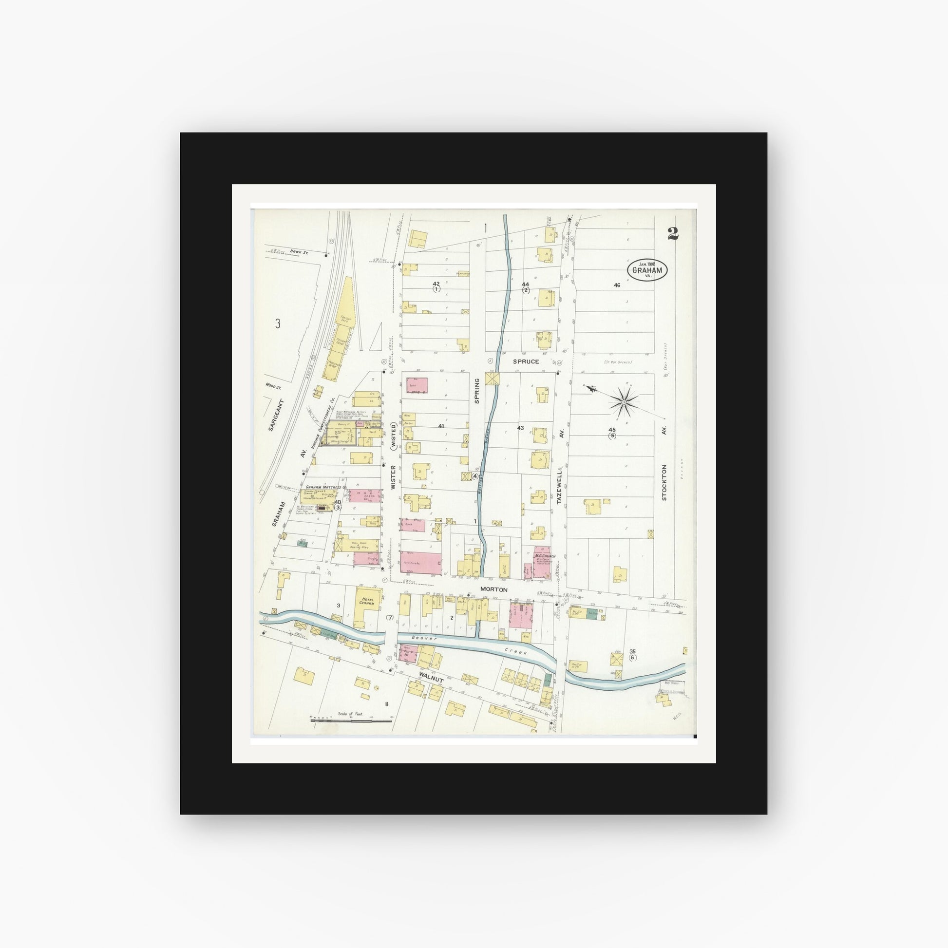 Old map wall art mockup — black gallery frame with white mat — Sanborn Fire Insurance Map from Graham, Tazewell County, Virginia (1908), Sheet #0002