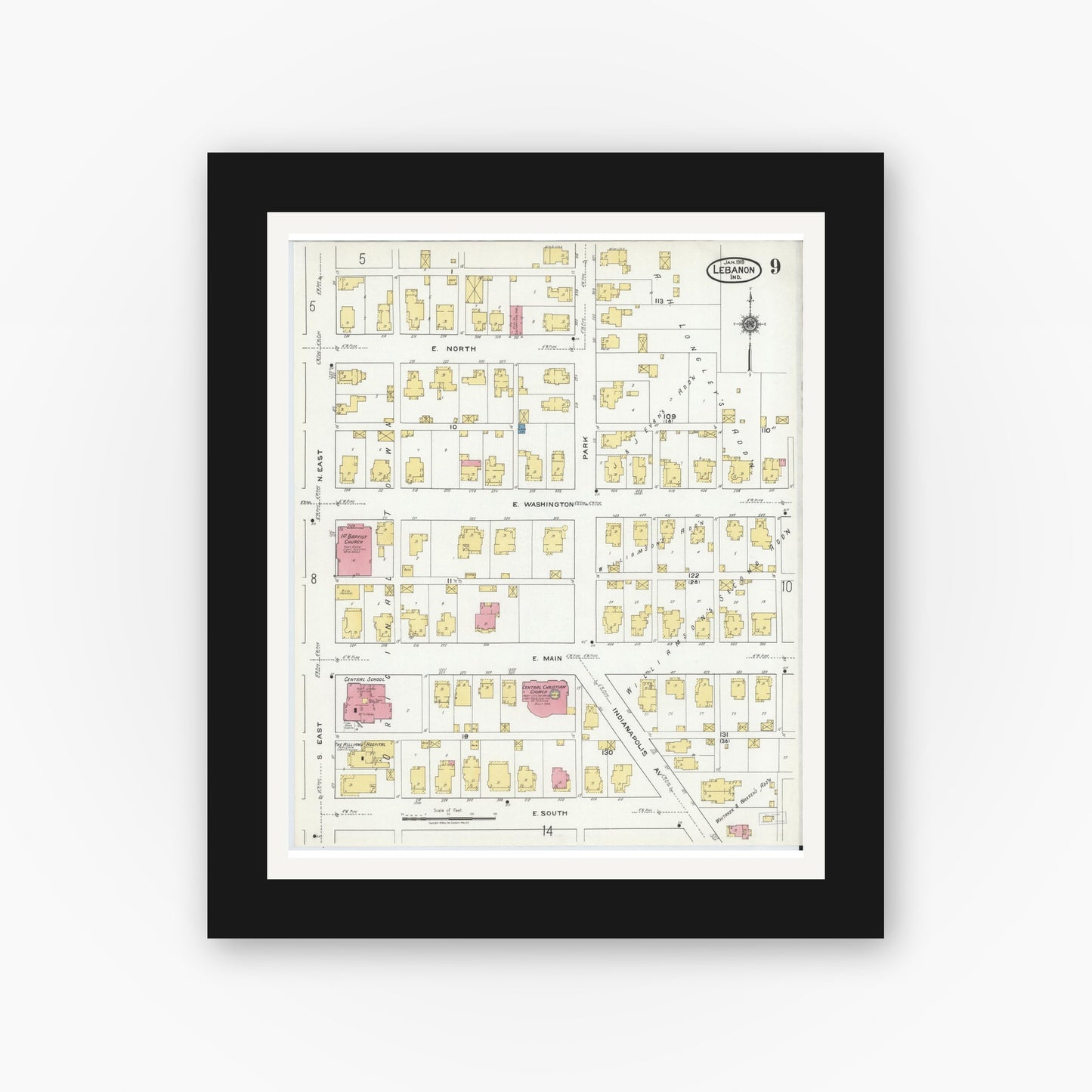 Old map wall art mockup — black gallery frame with white mat — Sanborn Fire Insurance Map from Lebanon, Boone County, Indiana (1919), Sheet #0009