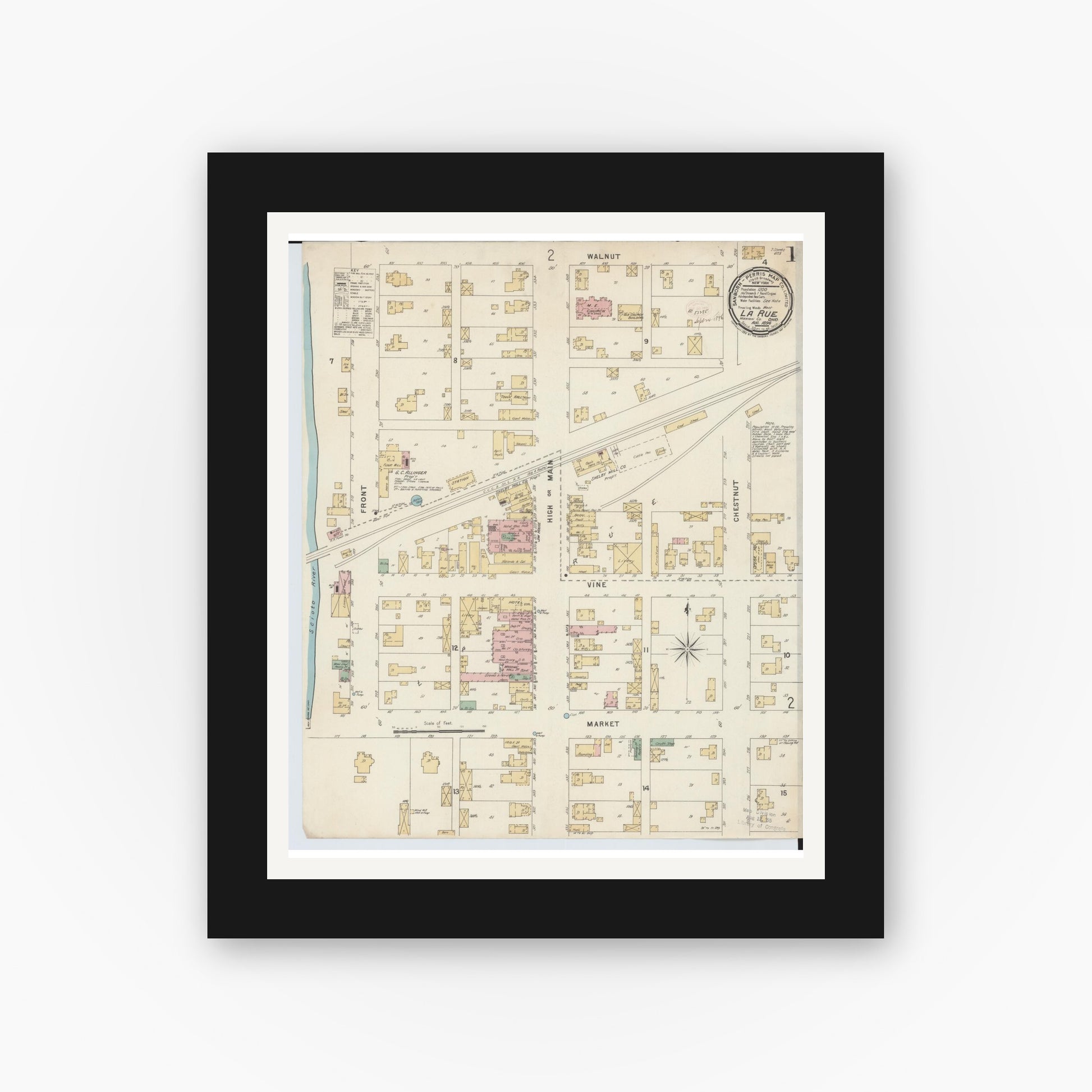 Old map wall art mockup — black gallery frame with white mat — Sanborn Fire Insurance Map from La Rue, Marion County, Ohio (1891), Sheet #0001