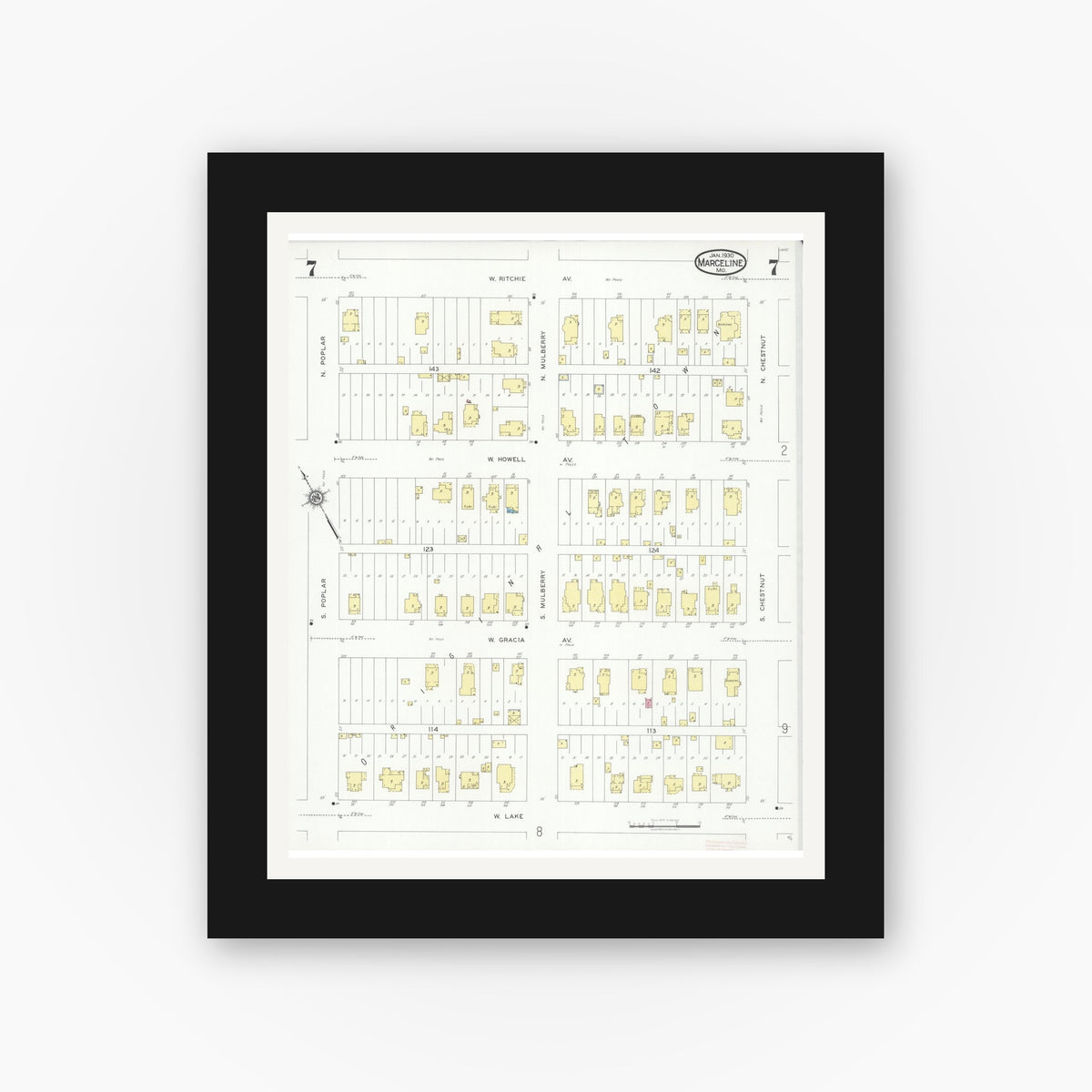 Old map wall art mockup — black gallery frame with white mat — Sanborn Fire Insurance Map from Marceline, Linn County, Missouri (1930), Sheet #0007