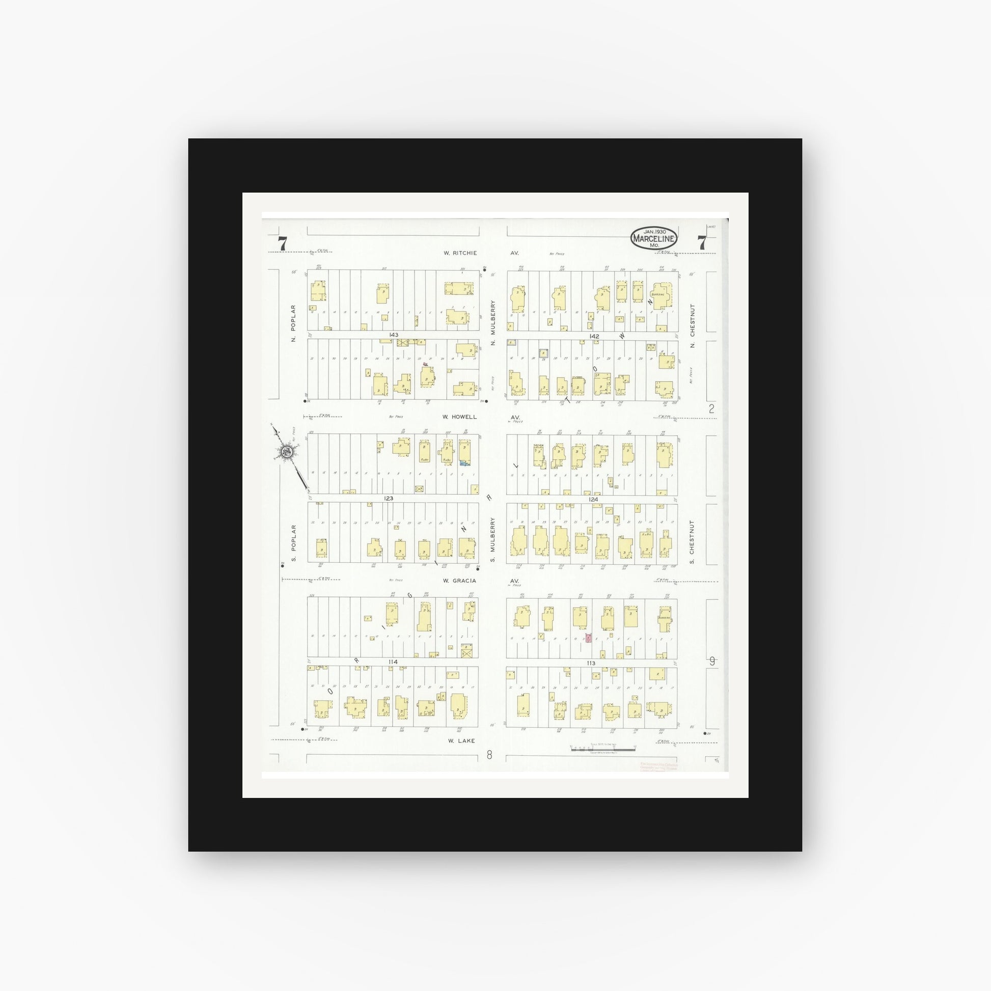 Old map wall art mockup — black gallery frame with white mat — Sanborn Fire Insurance Map from Marceline, Linn County, Missouri (1930), Sheet #0007