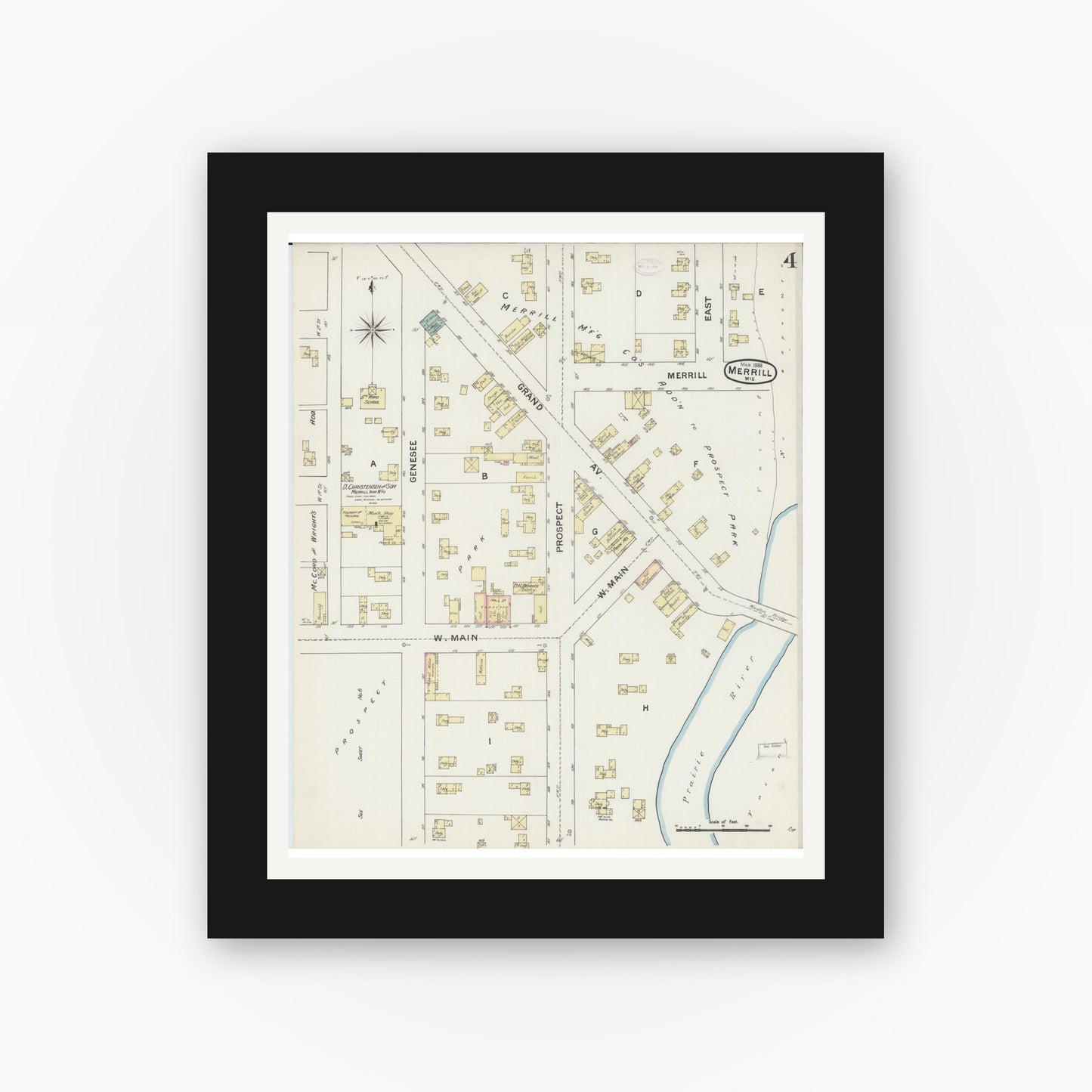 Old map wall art mockup — black gallery frame with white mat — Sanborn Fire Insurance Map from Merrill, Lincoln County, Wisconsin (1888), Sheet #0004