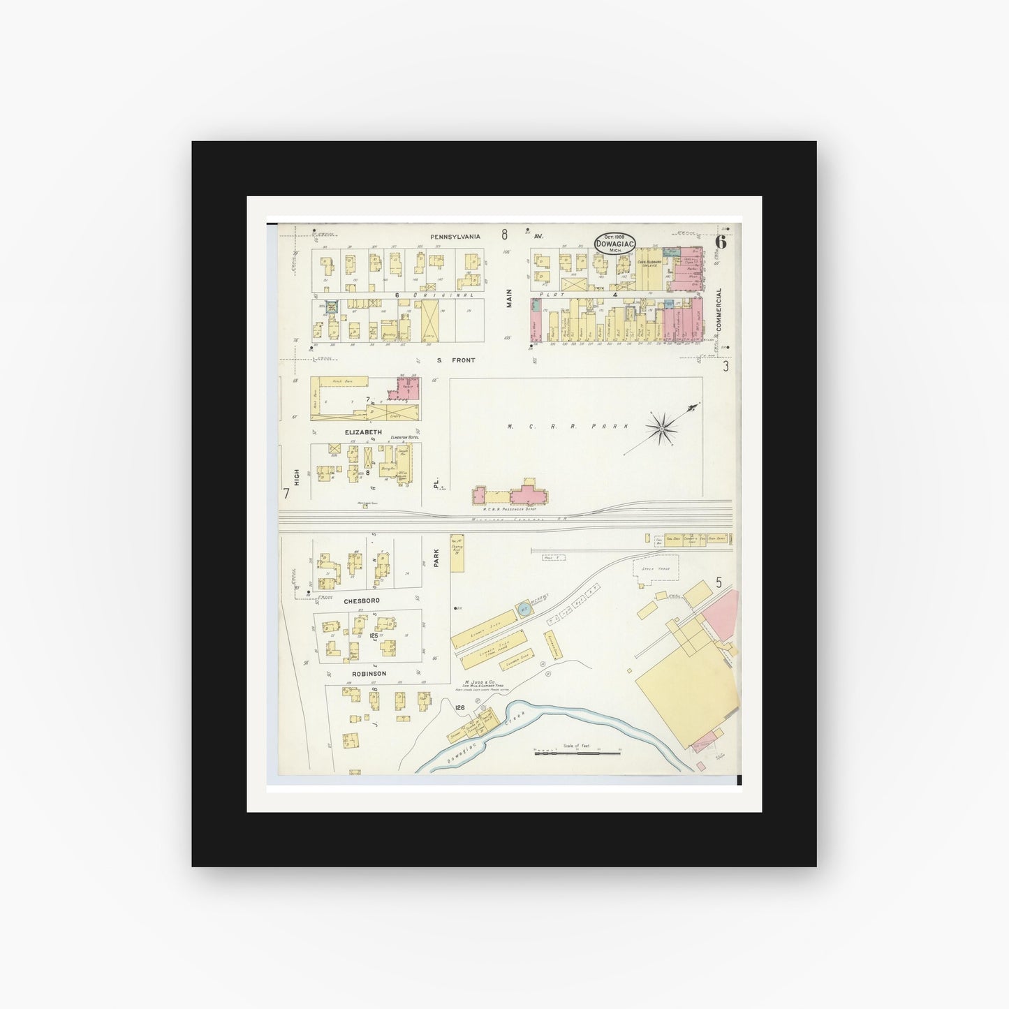 Old map wall art mockup — black gallery frame with white mat — Sanborn Fire Insurance Map from Dowagiac, Cass County, Michigan (1908), Sheet #0006