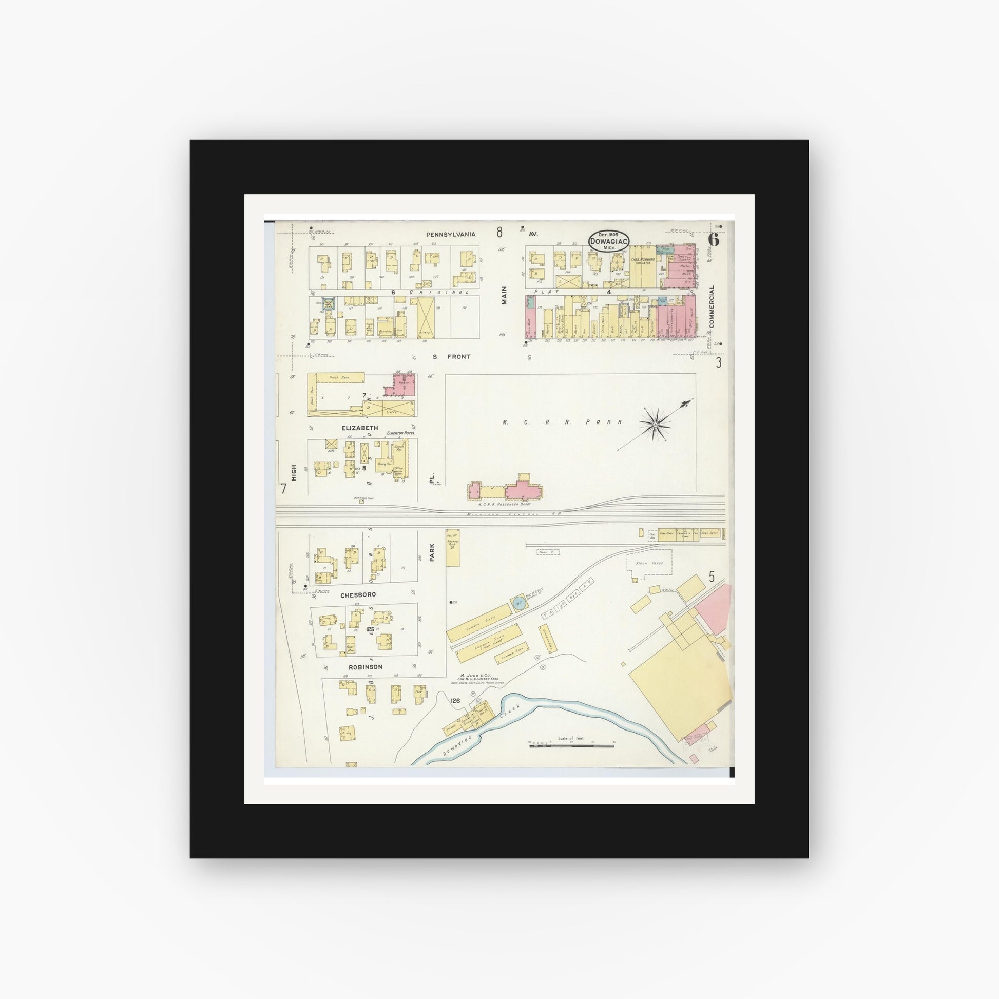 Old map wall art mockup — black gallery frame with white mat — Sanborn Fire Insurance Map from Dowagiac, Cass County, Michigan (1908), Sheet #0006