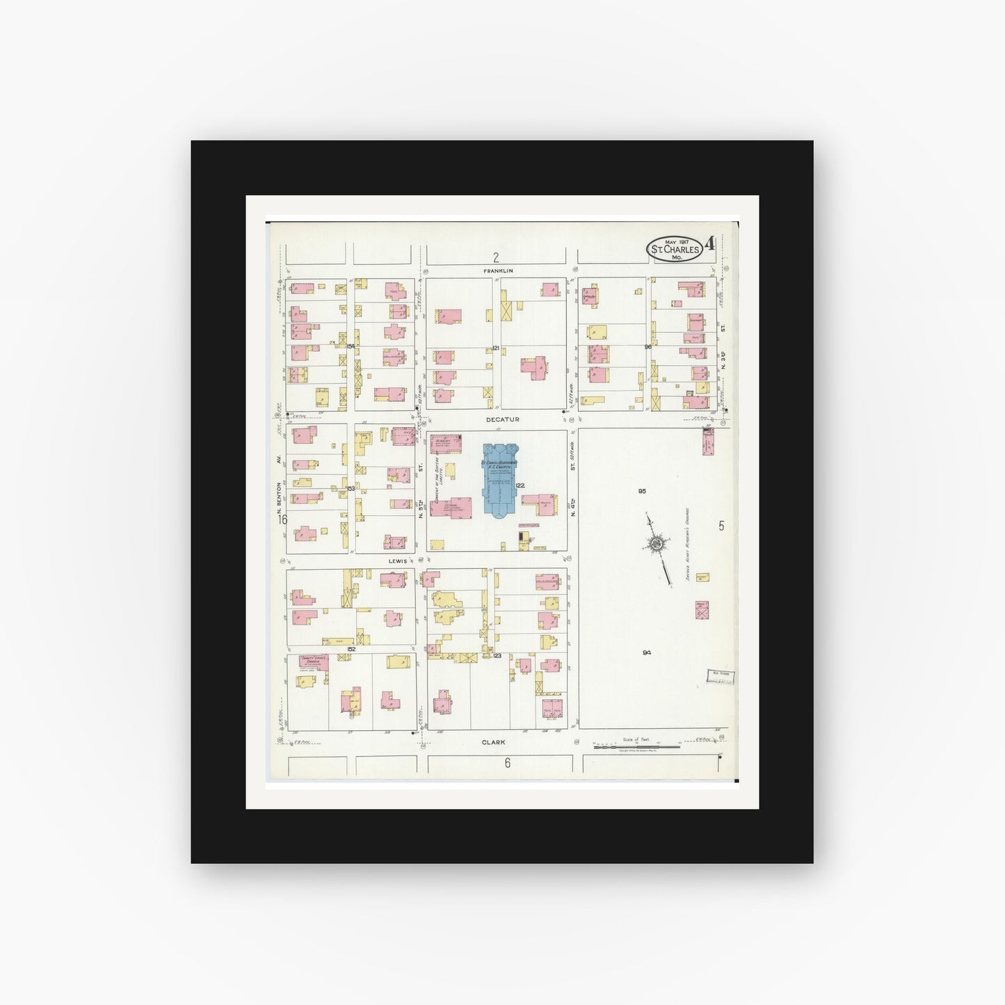 Old map wall art mockup — black gallery frame with white mat — Sanborn Fire Insurance Map from Saint Charles, Saint Charles County, Missouri (1917), Sheet #0004