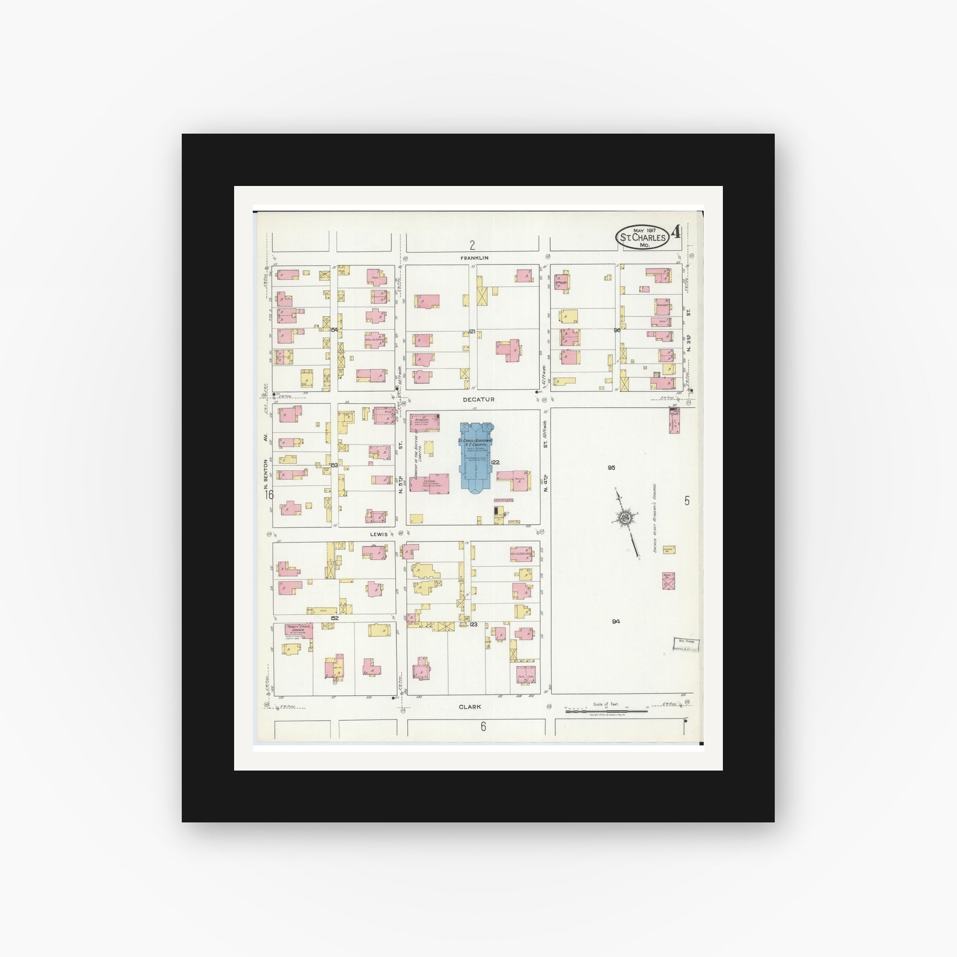Old map wall art mockup — black gallery frame with white mat — Sanborn Fire Insurance Map from Saint Charles, Saint Charles County, Missouri (1917), Sheet #0004