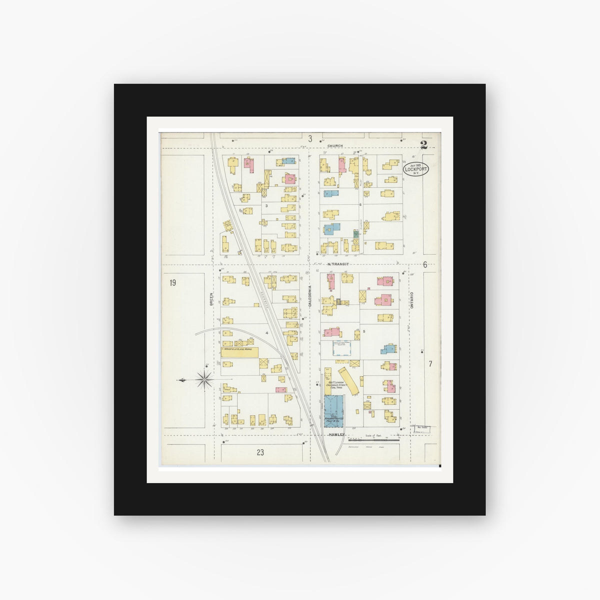Old map wall art mockup — black gallery frame with white mat — Sanborn Fire Insurance Map from Lockport, Niagara County, New York (1903), Sheet #0002