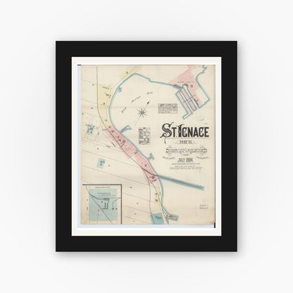 Old map wall art mockup — black gallery frame with white mat — Sanborn Fire Insurance Map from Saint Ignace, Mackinac County, Michigan (1884) - Complete Map Set