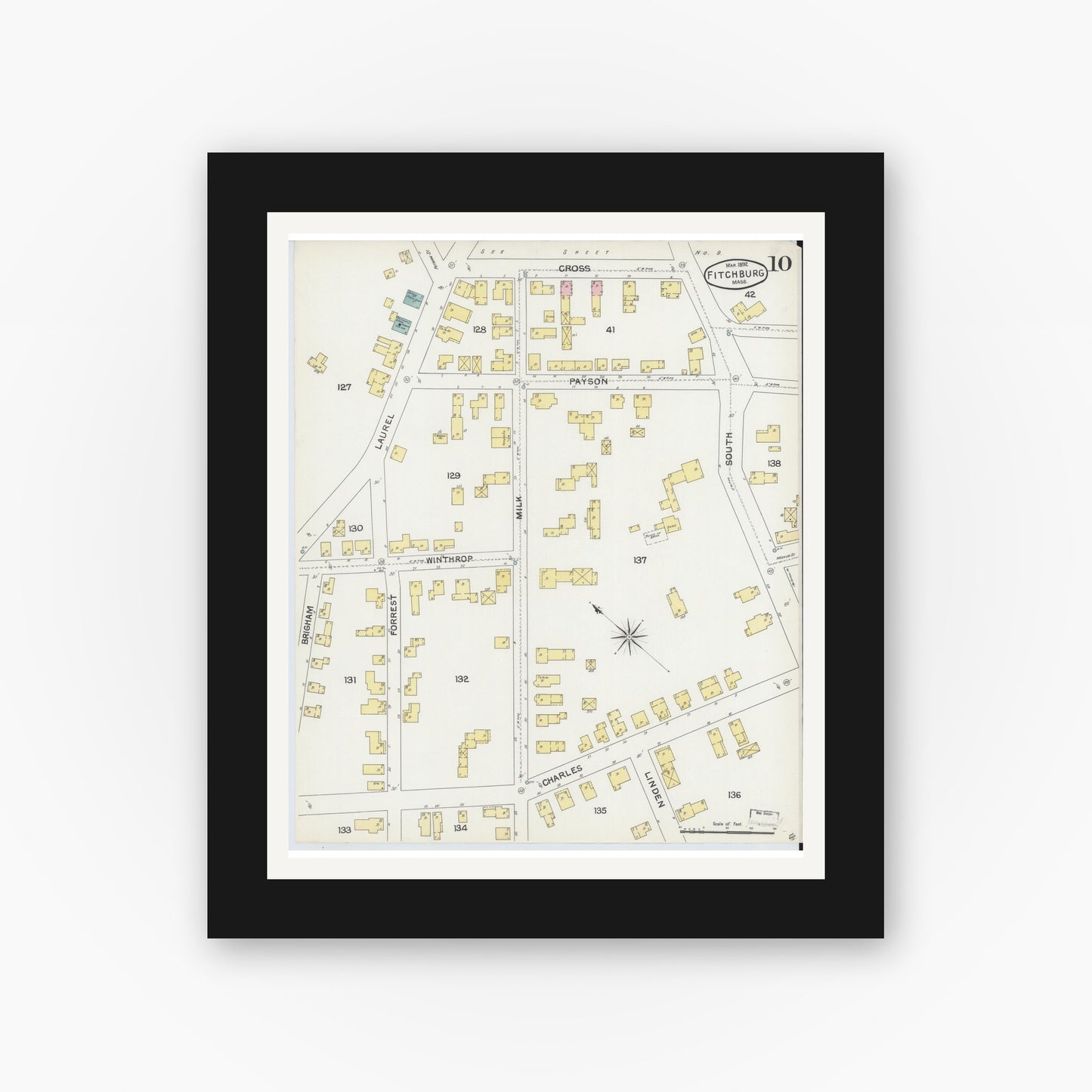 Old map wall art mockup — black gallery frame with white mat — Sanborn Fire Insurance Map from Fitchburg, Worcester County, Massachusetts (1892), Sheet #0010