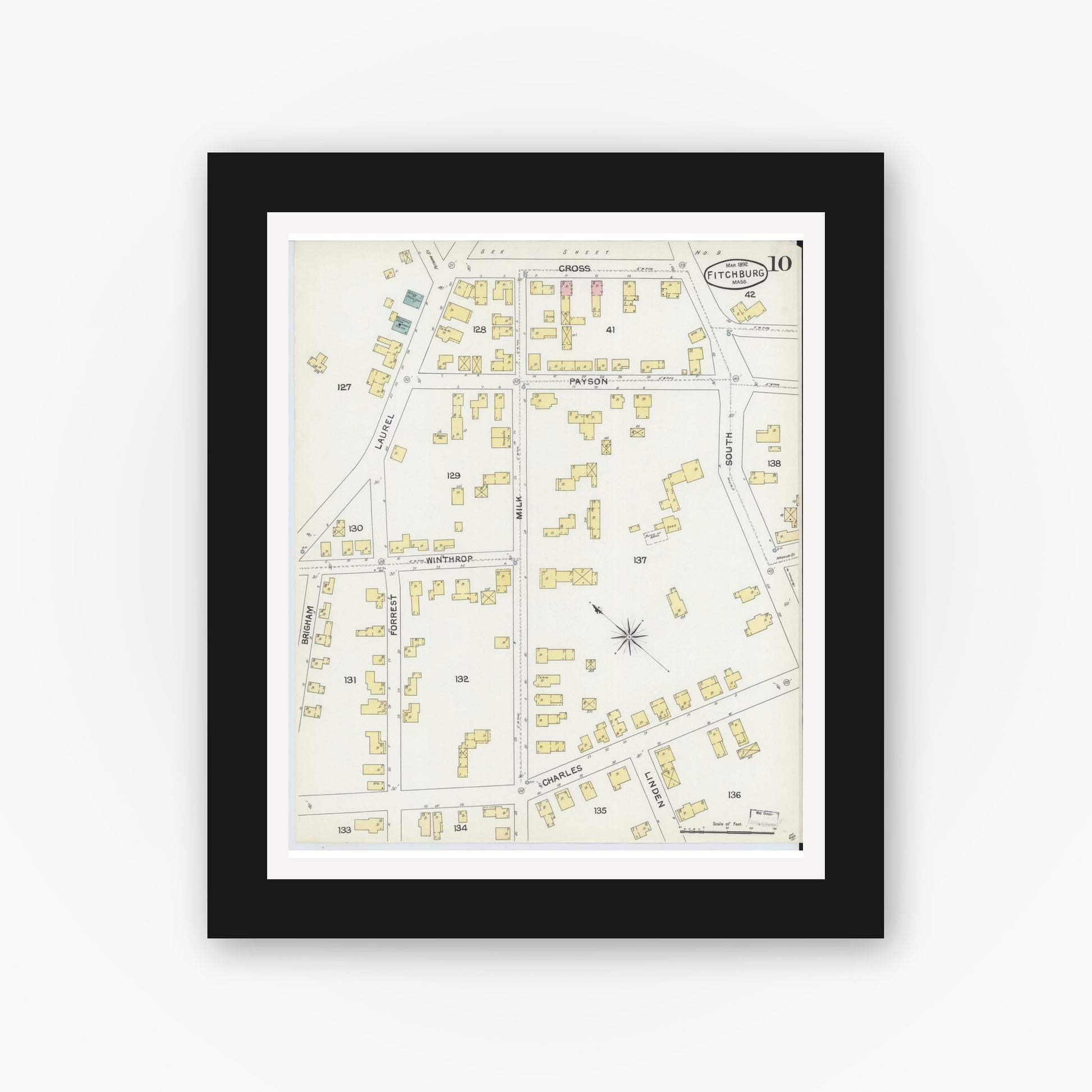 Old map wall art mockup — black gallery frame with white mat — Sanborn Fire Insurance Map from Fitchburg, Worcester County, Massachusetts (1892), Sheet #0010