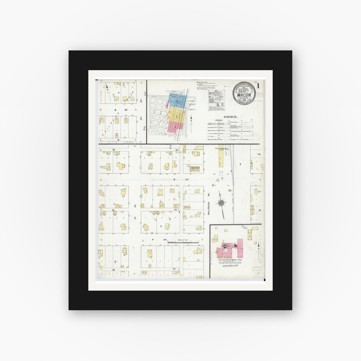 Old map wall art mockup — black gallery frame with white mat — Sanborn Fire Insurance Map from Macon, Macon County, Illinois (1910), Sheet #0001