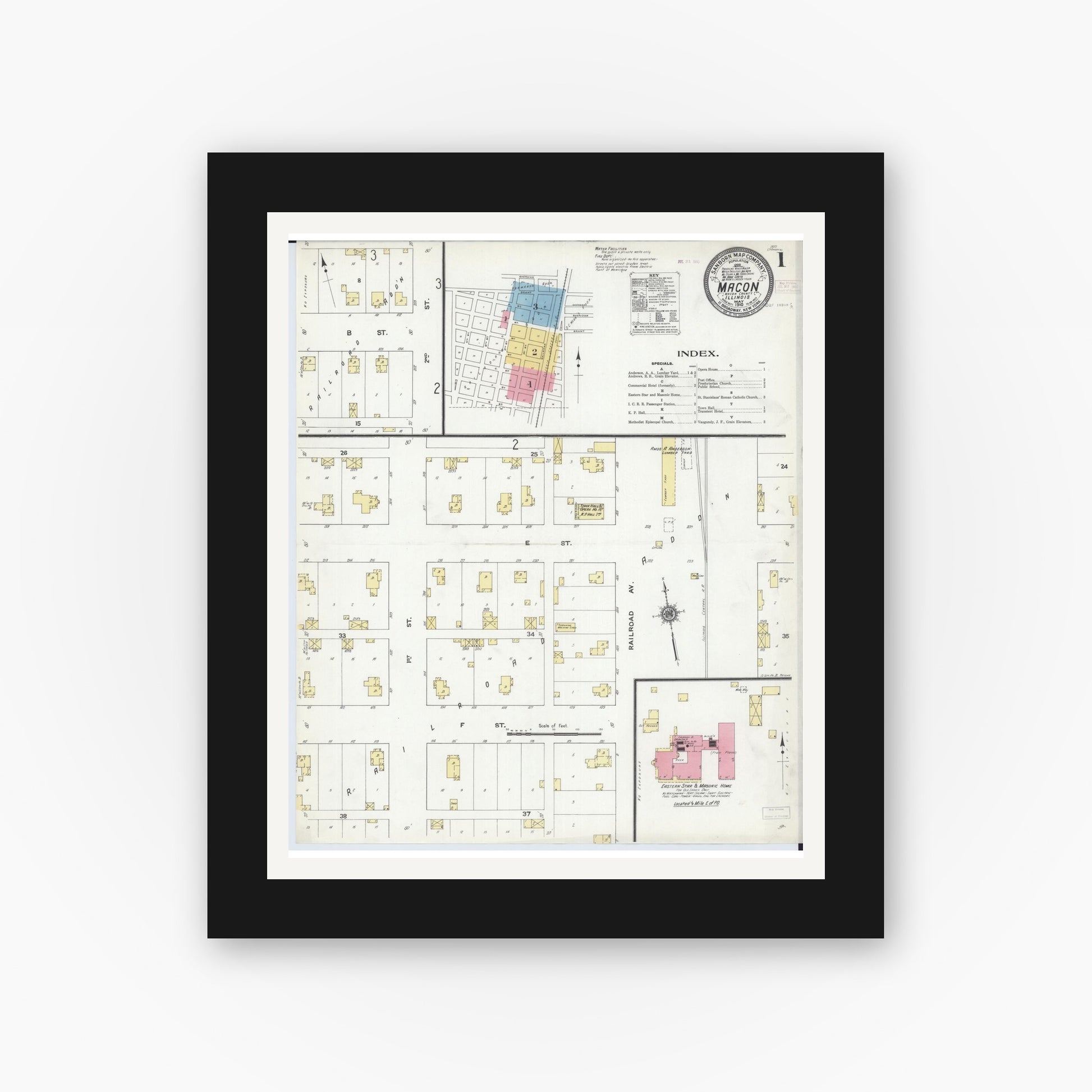 Old map wall art mockup — black gallery frame with white mat — Sanborn Fire Insurance Map from Macon, Macon County, Illinois (1910), Sheet #0001