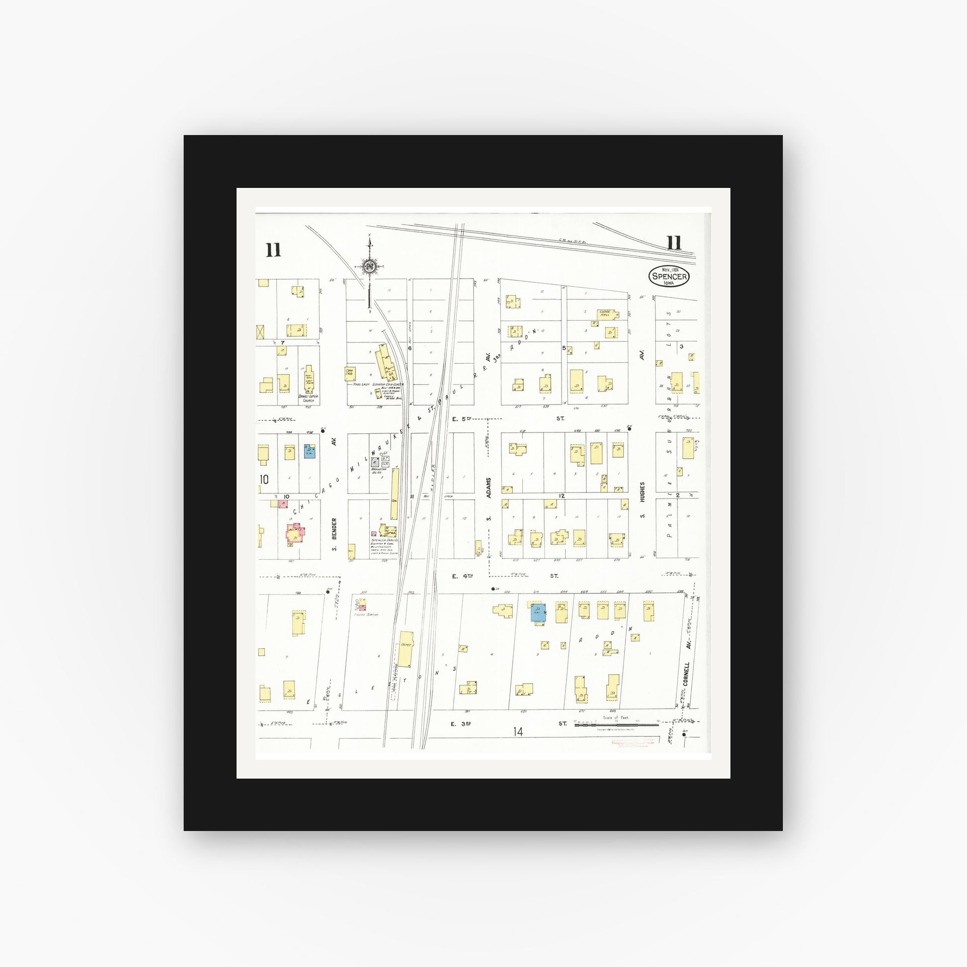 Old map wall art mockup — black gallery frame with white mat — Sanborn Fire Insurance Map from Spencer, Clay County, Iowa (1924), Sheet #0011