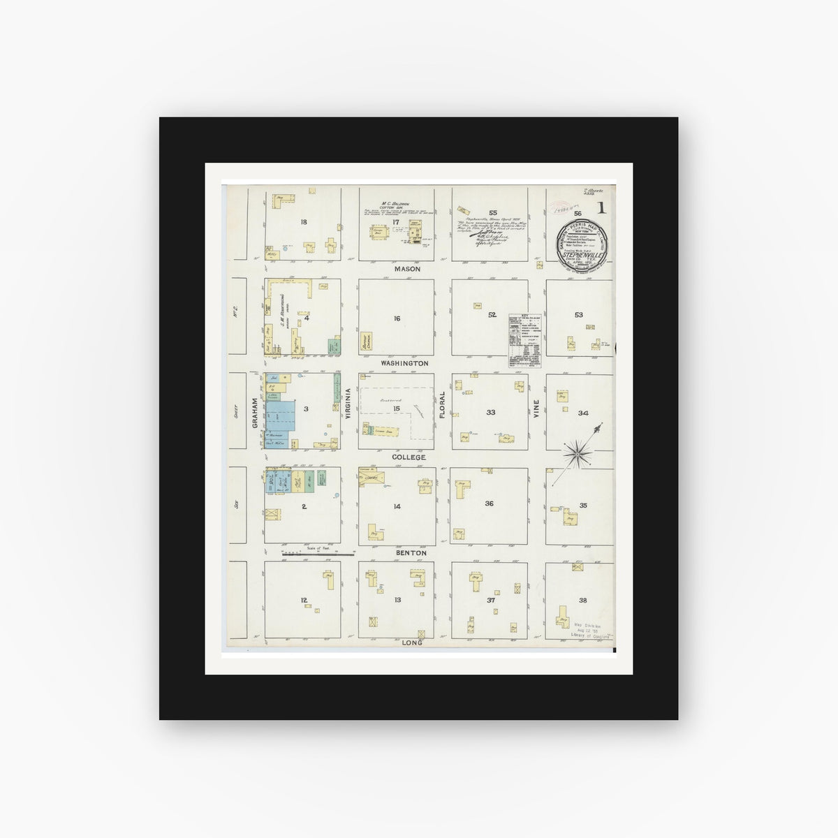 Old map wall art mockup — black gallery frame with white mat — Sanborn Fire Insurance Map from Stephenville, Erath County, Texas (1891), Sheet #0001