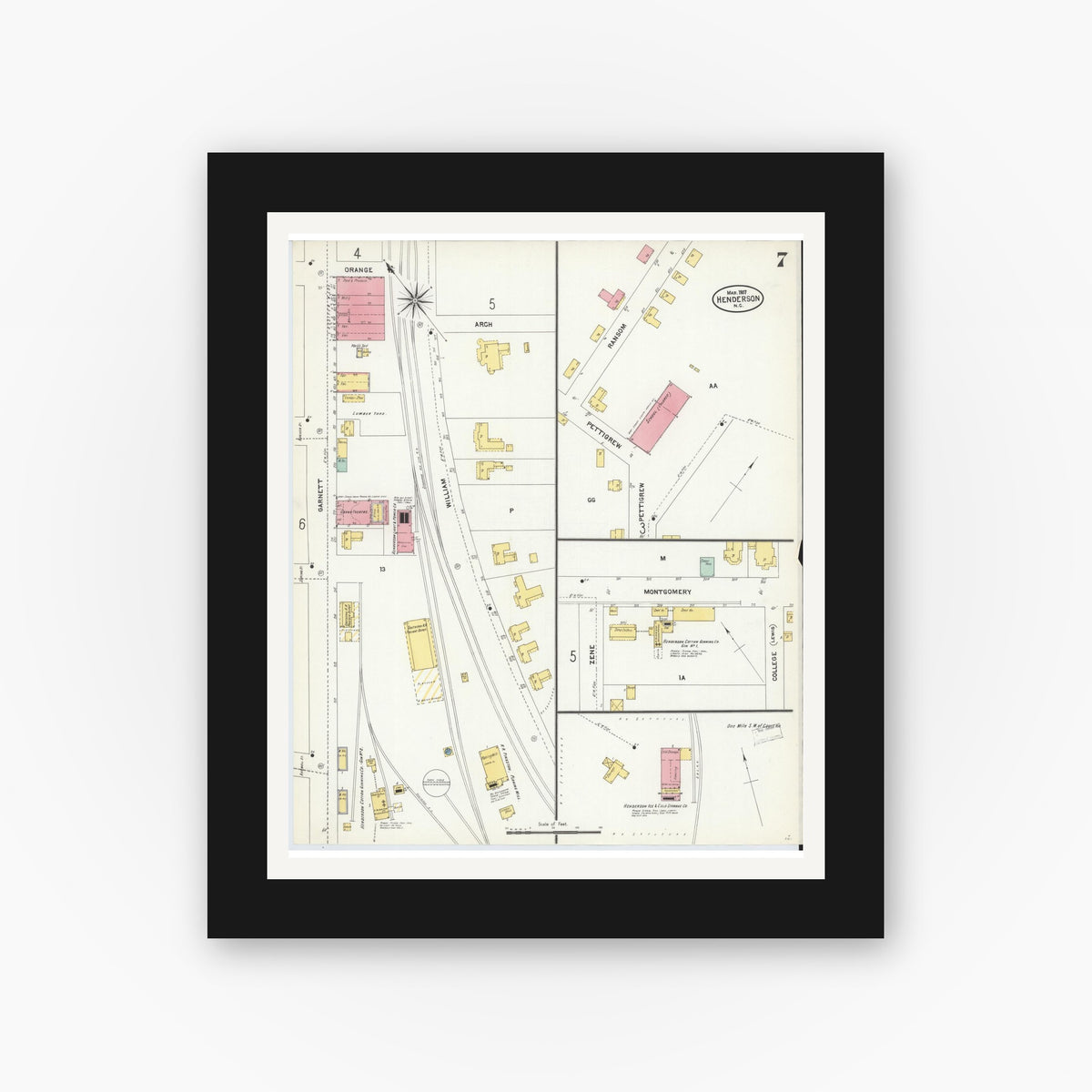 Old map wall art mockup — black gallery frame with white mat — Sanborn Fire Insurance Map from Henderson, Vance County, North Carolina (1907), Sheet #0007