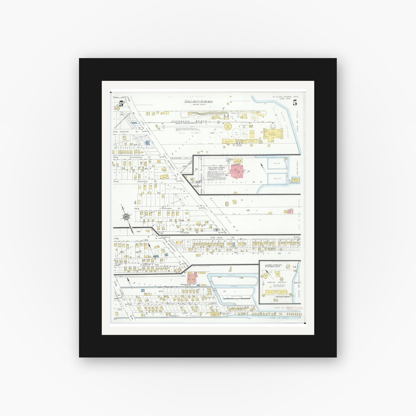 Old map wall art mockup — black gallery frame with white mat — Sanborn Fire Insurance Map from Saint Clair Shores, Macomb County, Michigan (1933), Sheet #0005
