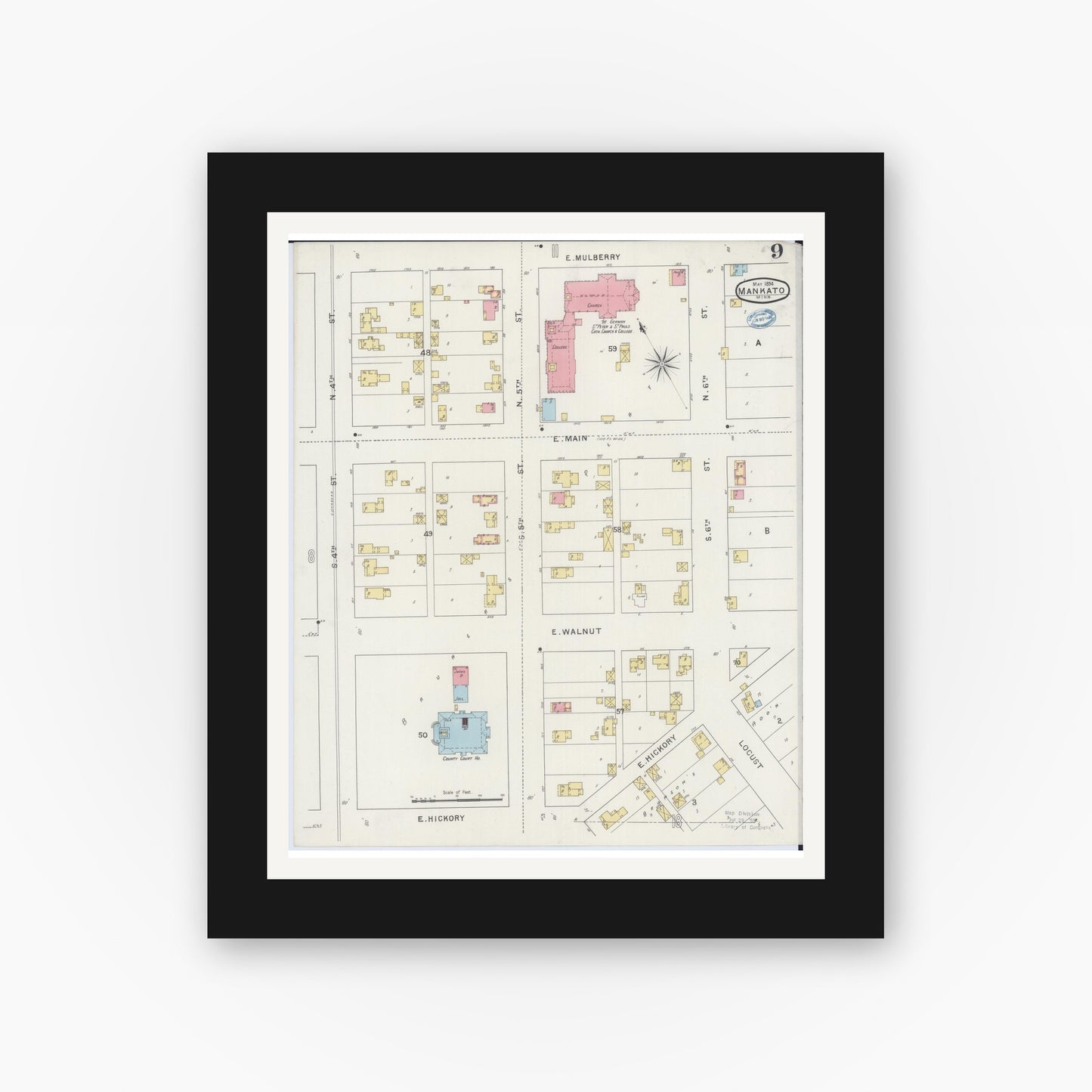 Old map wall art mockup — black gallery frame with white mat — Sanborn Fire Insurance Map from Mankato, Blue Earth County, Minnesota (1894), Sheet #0009