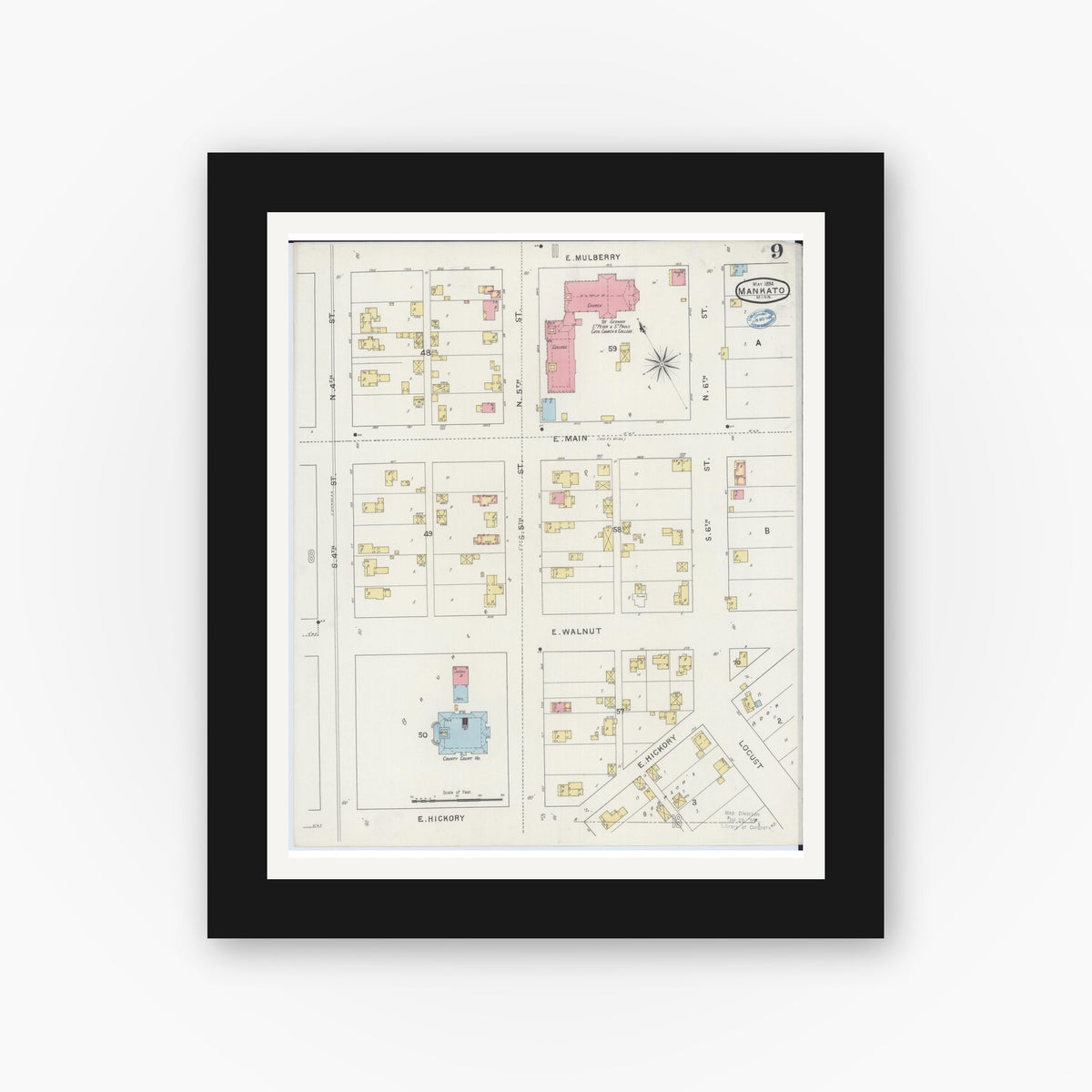 Old map wall art mockup — black gallery frame with white mat — Sanborn Fire Insurance Map from Mankato, Blue Earth County, Minnesota (1894), Sheet #0009