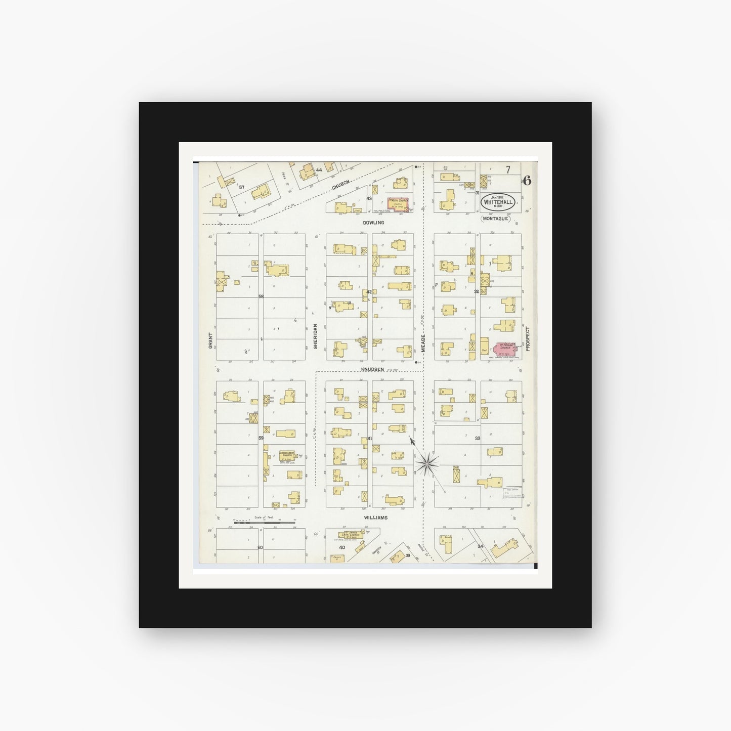 Old map wall art mockup — black gallery frame with white mat — Sanborn Fire Insurance Map from Whitehall, Muskegon County, Michigan (1902), Sheet #0006