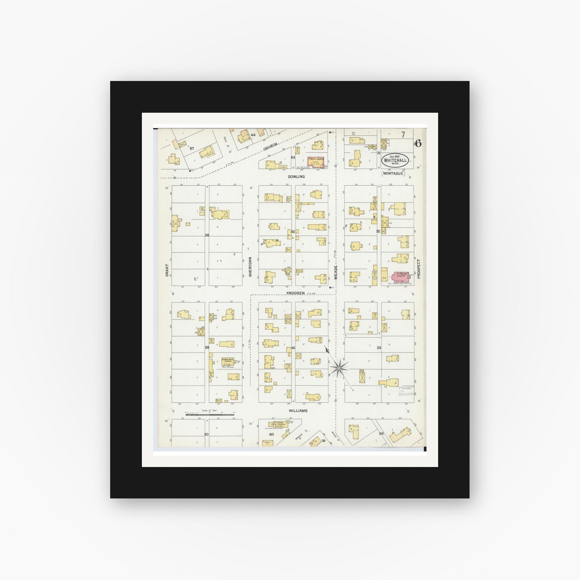 Old map wall art mockup — black gallery frame with white mat — Sanborn Fire Insurance Map from Whitehall, Muskegon County, Michigan (1902), Sheet #0006