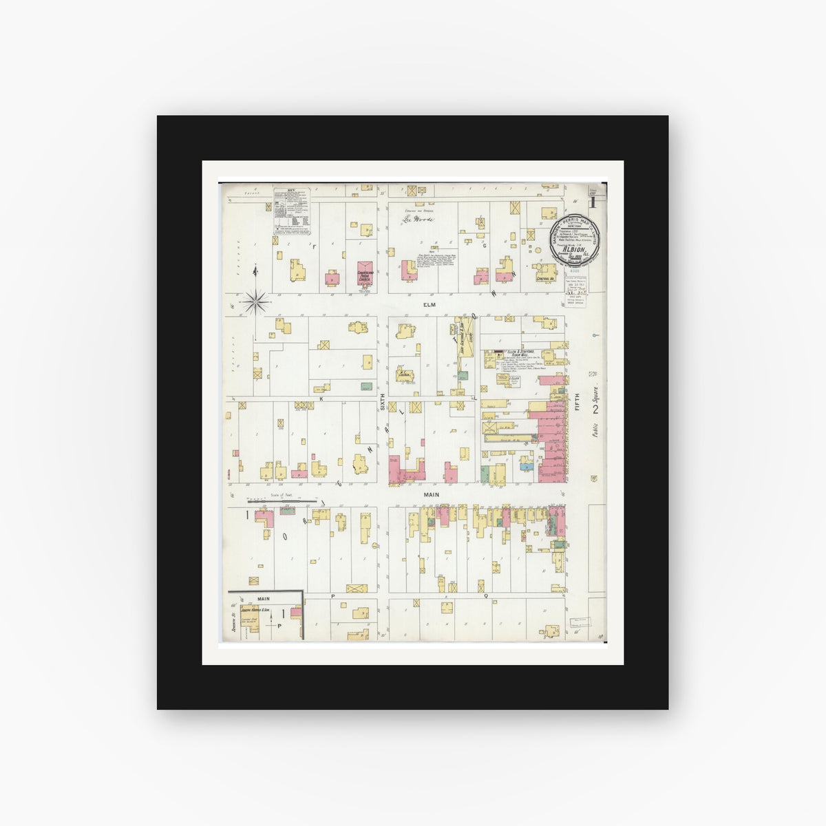 Old map wall art mockup — black gallery frame with white mat — Sanborn Fire Insurance Map from Albion, Edwards County, Illinois (1900), Sheet #0001
