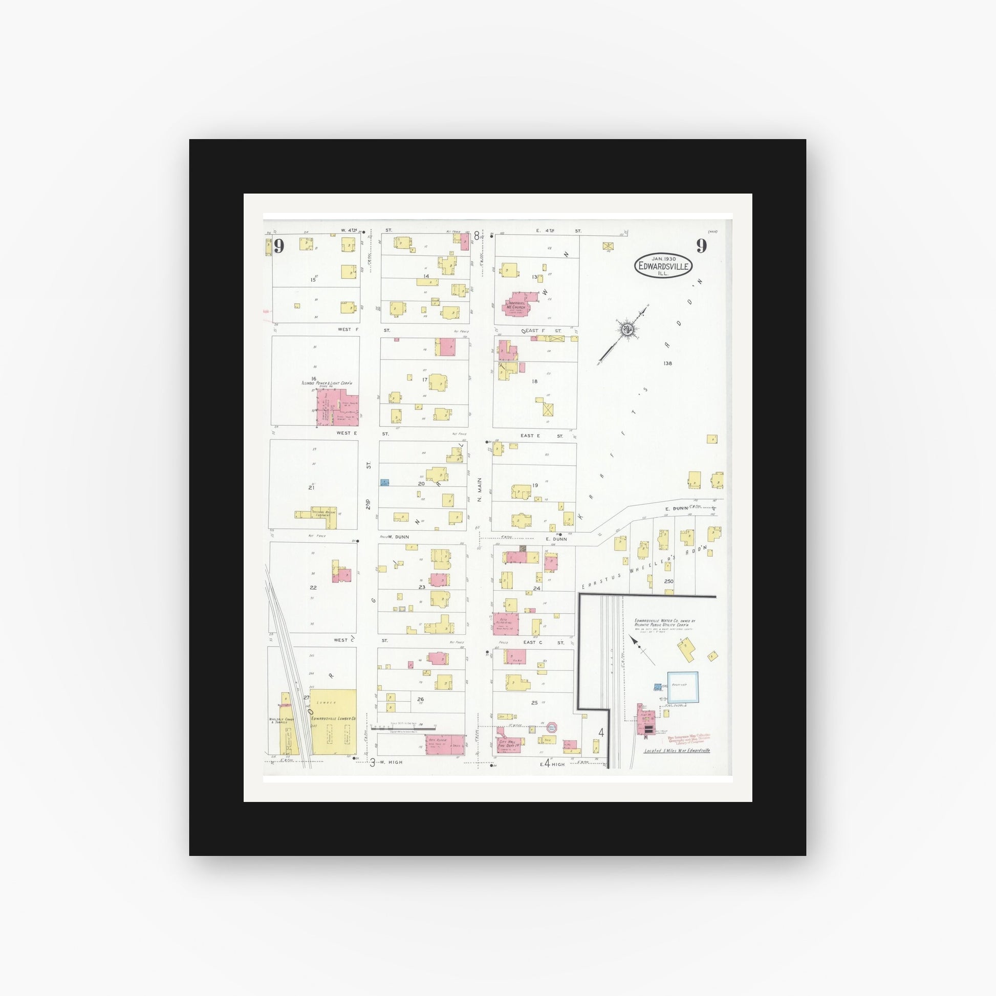 Old map wall art mockup — black gallery frame with white mat — Sanborn Fire Insurance Map from Edwardsville, Madison County, Illinois (1930), Sheet #0009