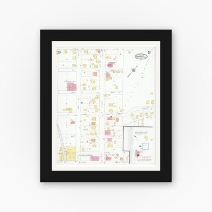 Old map wall art mockup — black gallery frame with white mat — Sanborn Fire Insurance Map from Edwardsville, Madison County, Illinois (1930), Sheet #0009