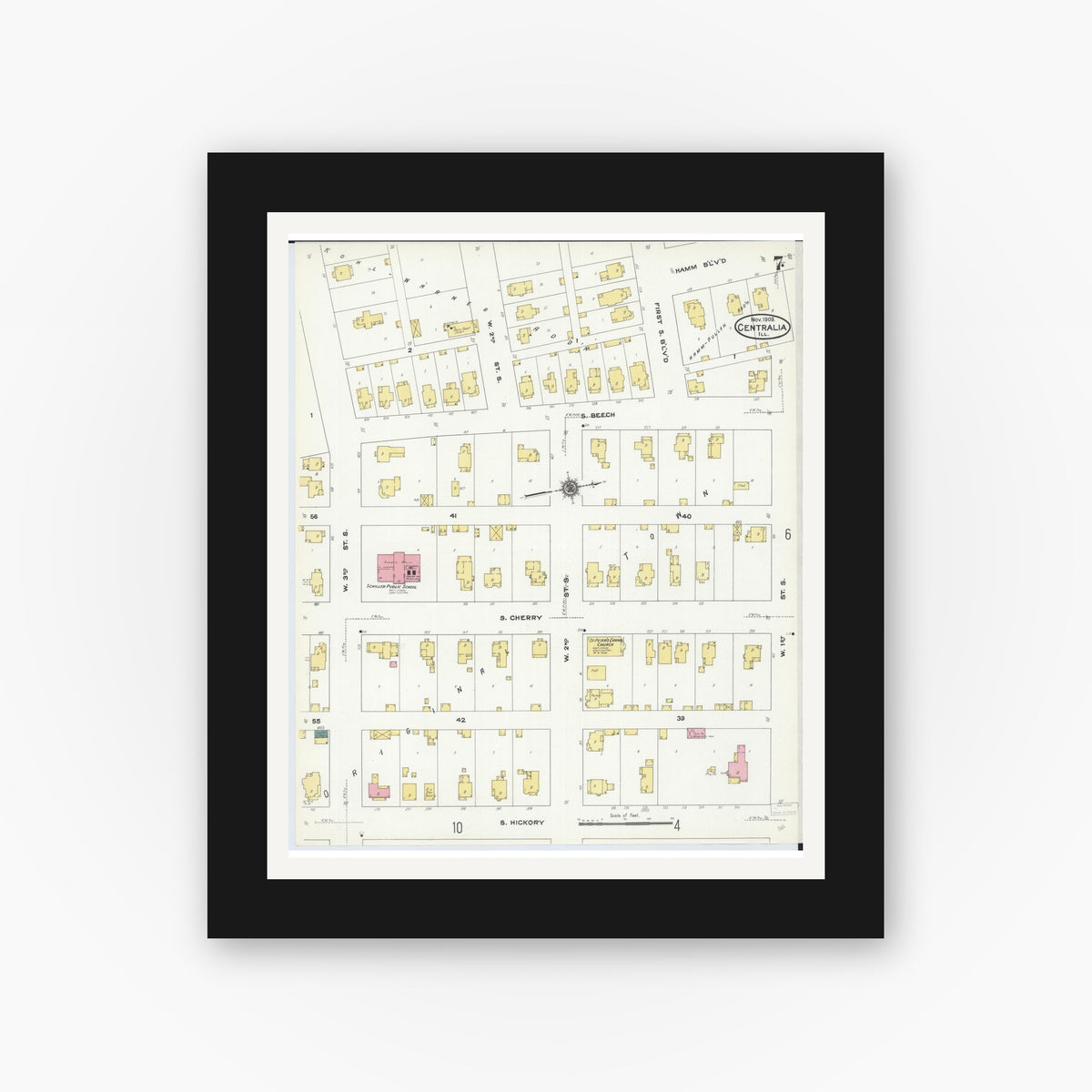 Old map wall art mockup — black gallery frame with white mat — Sanborn Fire Insurance Map from Centralia, Marion, Clinton, Jefferson, and Washington Counties, Illinois (1909), Sheet #0007