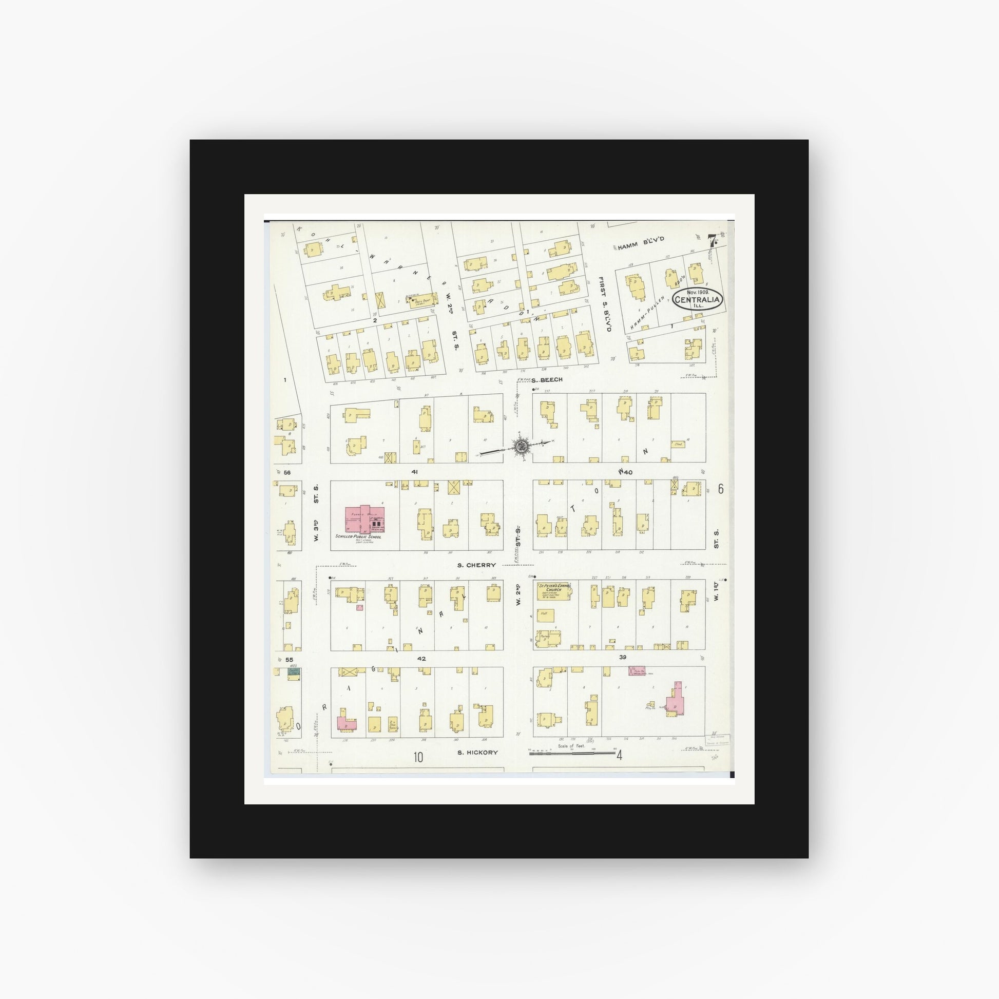Old map wall art mockup — black gallery frame with white mat — Sanborn Fire Insurance Map from Centralia, Marion, Clinton, Jefferson, and Washington Counties, Illinois (1909), Sheet #0007