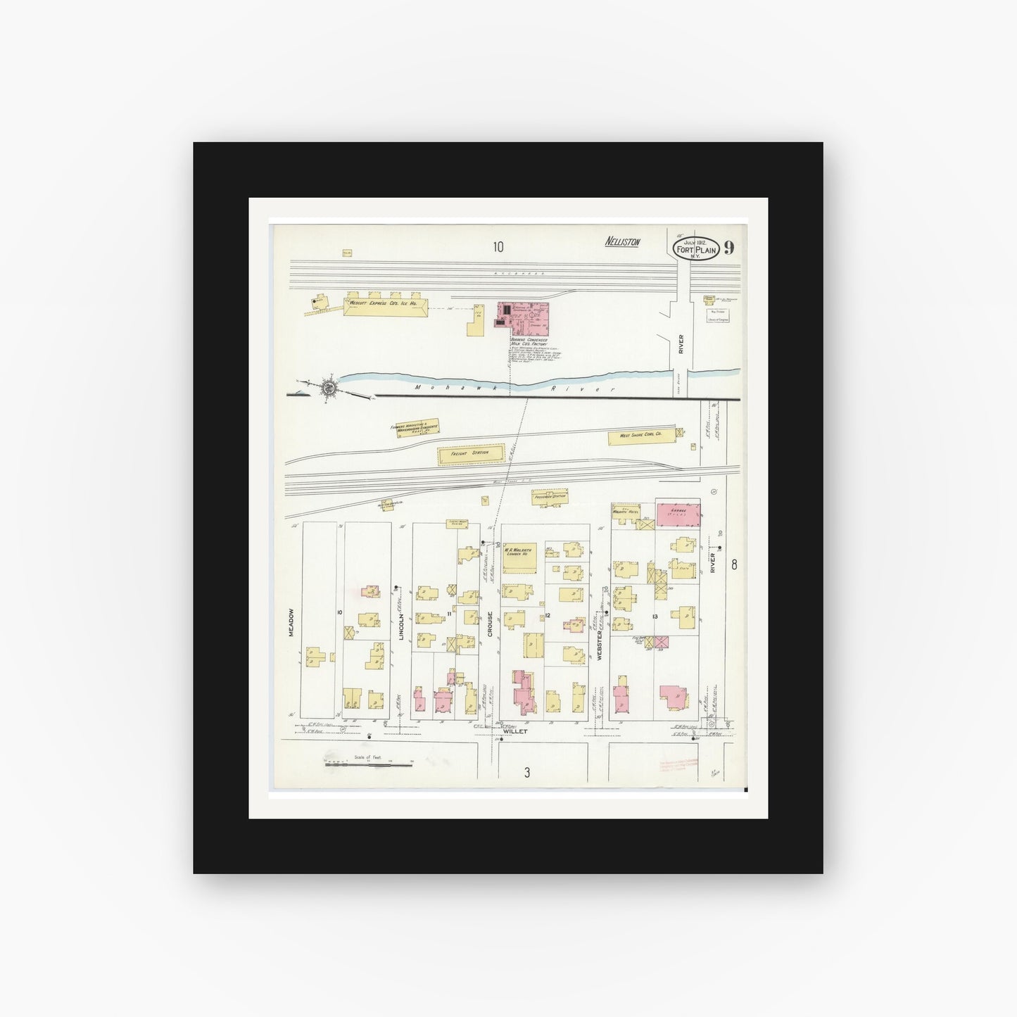 Old map wall art mockup — black gallery frame with white mat — Sanborn Fire Insurance Map from Fort Plain, Montgomery County, New York (1912), Sheet #0009