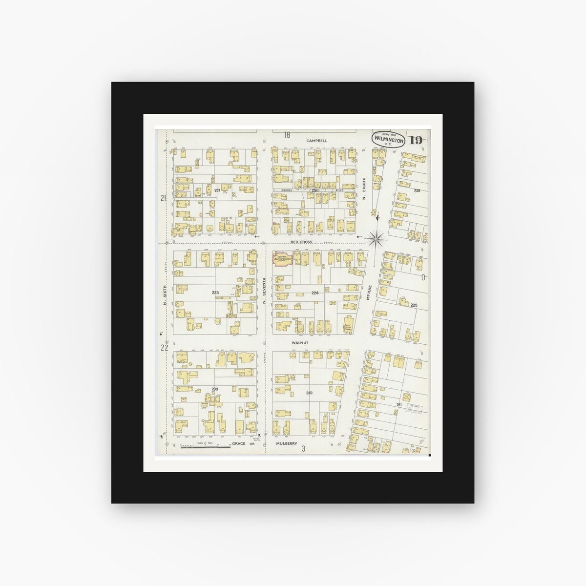 Old map wall art mockup — black gallery frame with white mat — Sanborn Fire Insurance Map from Wilmington, New Hanover County, North Carolina (1898), Sheet #0019