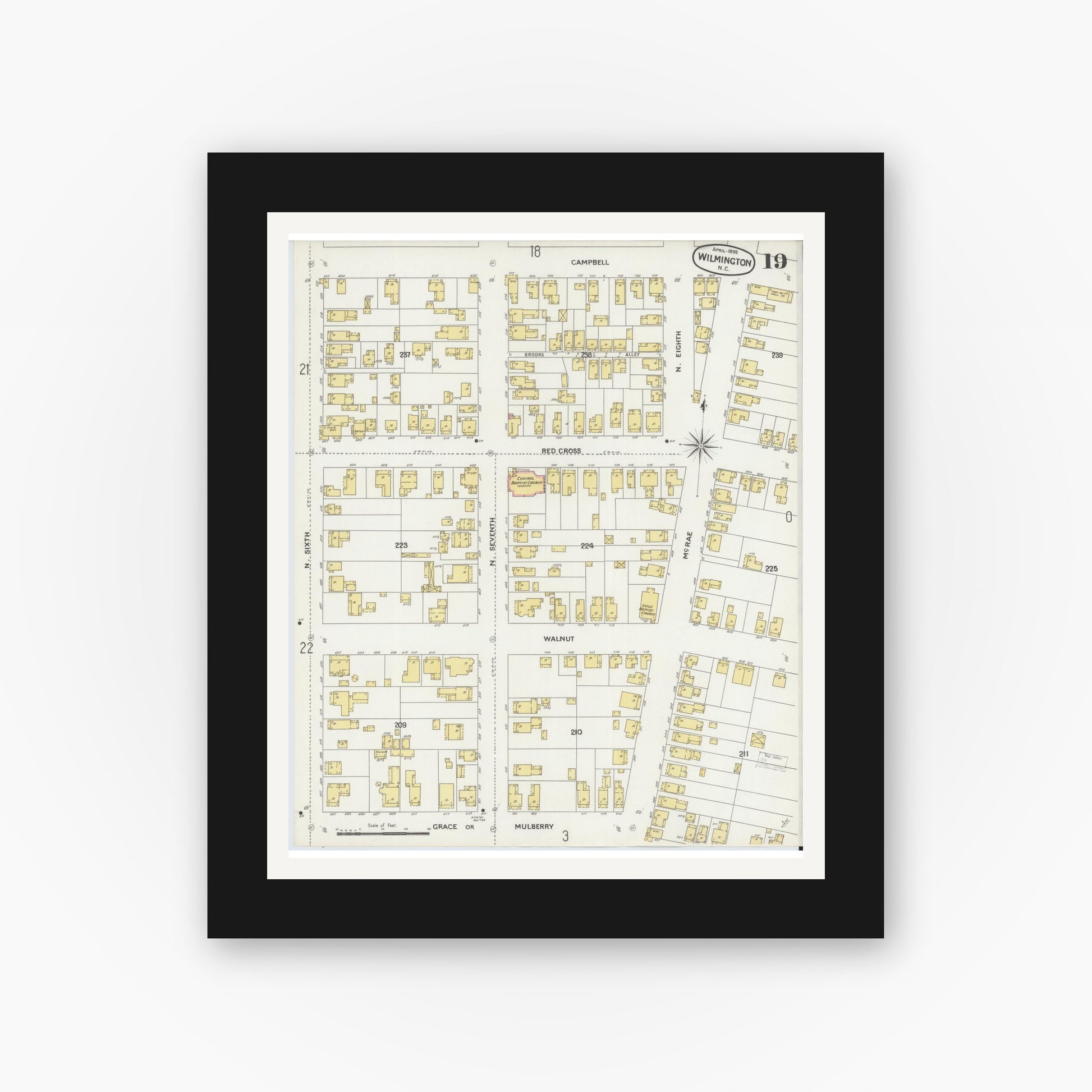 Old map wall art mockup — black gallery frame with white mat — Sanborn Fire Insurance Map from Wilmington, New Hanover County, North Carolina (1898), Sheet #0019