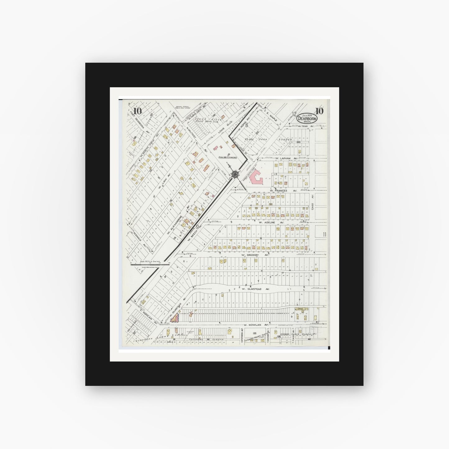 Old map wall art mockup — black gallery frame with white mat — Sanborn Fire Insurance Map from Dearborn, Wayne County, Michigan (1924), Sheet #0010