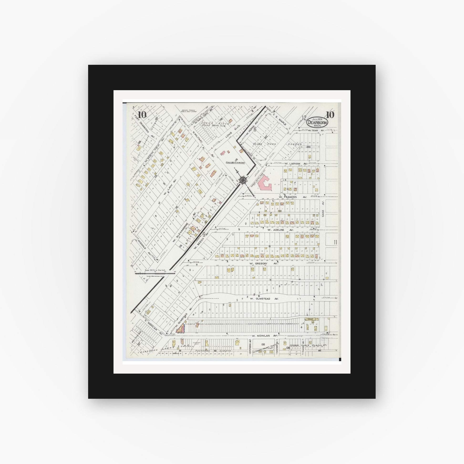 Old map wall art mockup — black gallery frame with white mat — Sanborn Fire Insurance Map from Dearborn, Wayne County, Michigan (1924), Sheet #0010